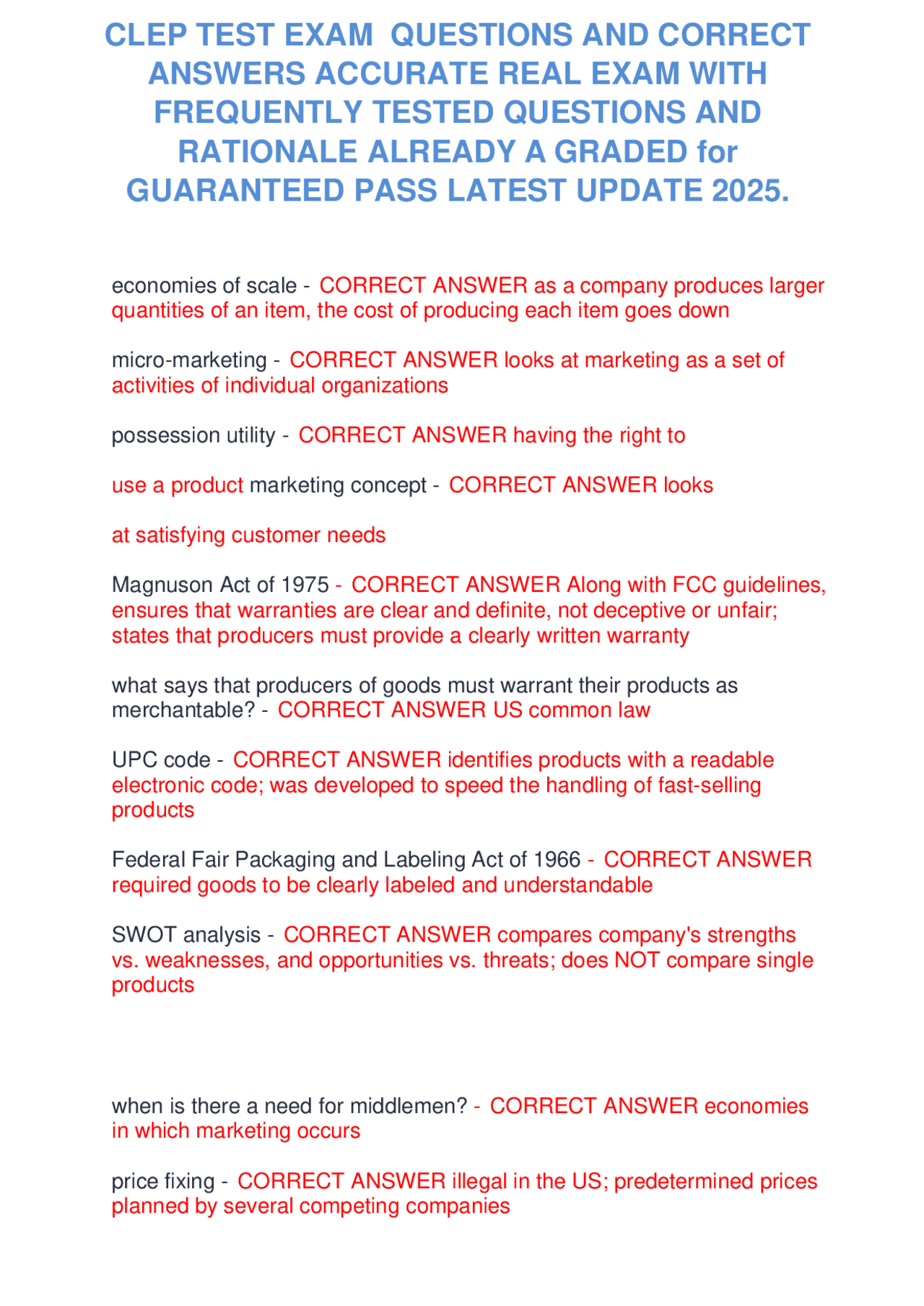 CLEP TEST EXAM QUESTIONS AND CORRECT ANSWERS ACCURATE REAL EXAM WITH ...