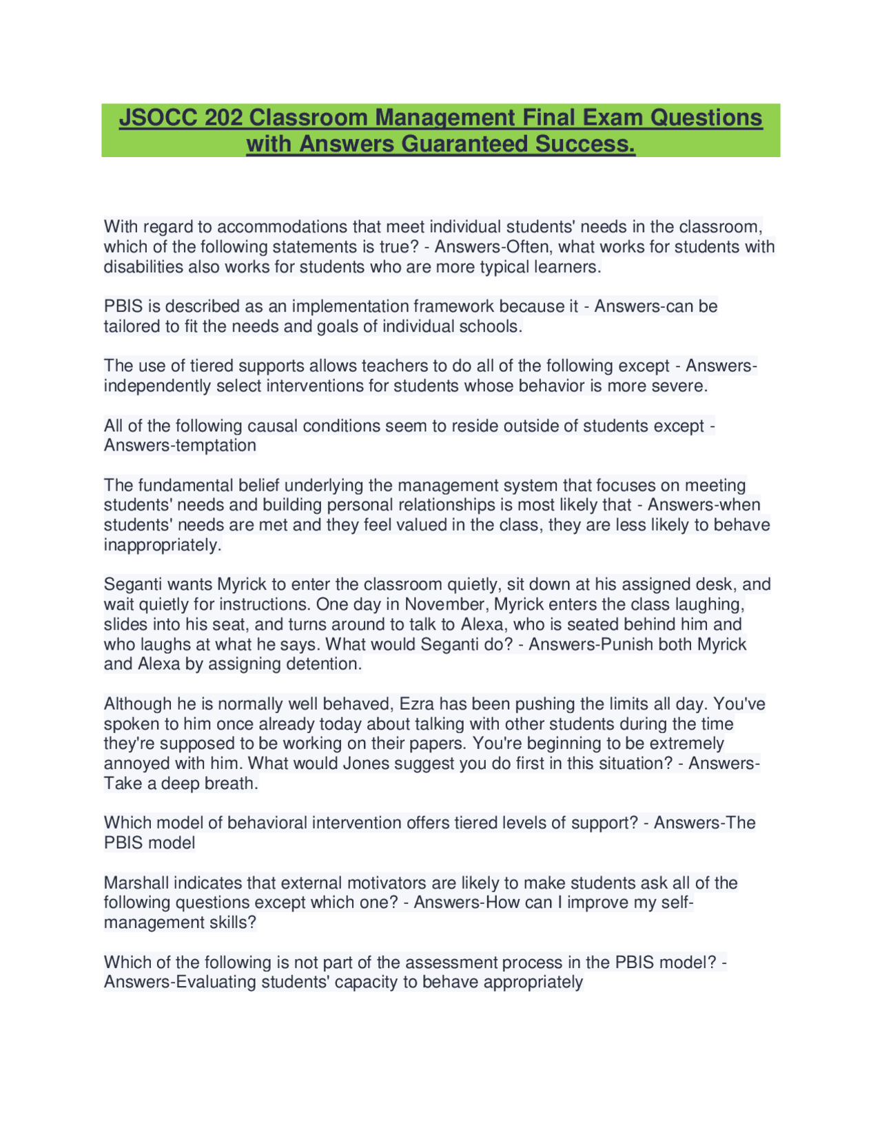 JSOCC 202 Classroom Management Final Exam Questions with Answers ...