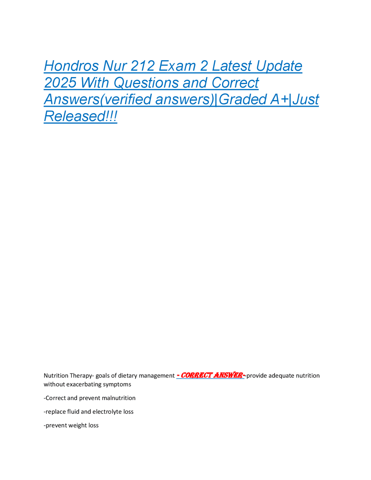 Hondros Nur 212 Exam 2 Latest Update 2025 With Questions and Correct ...