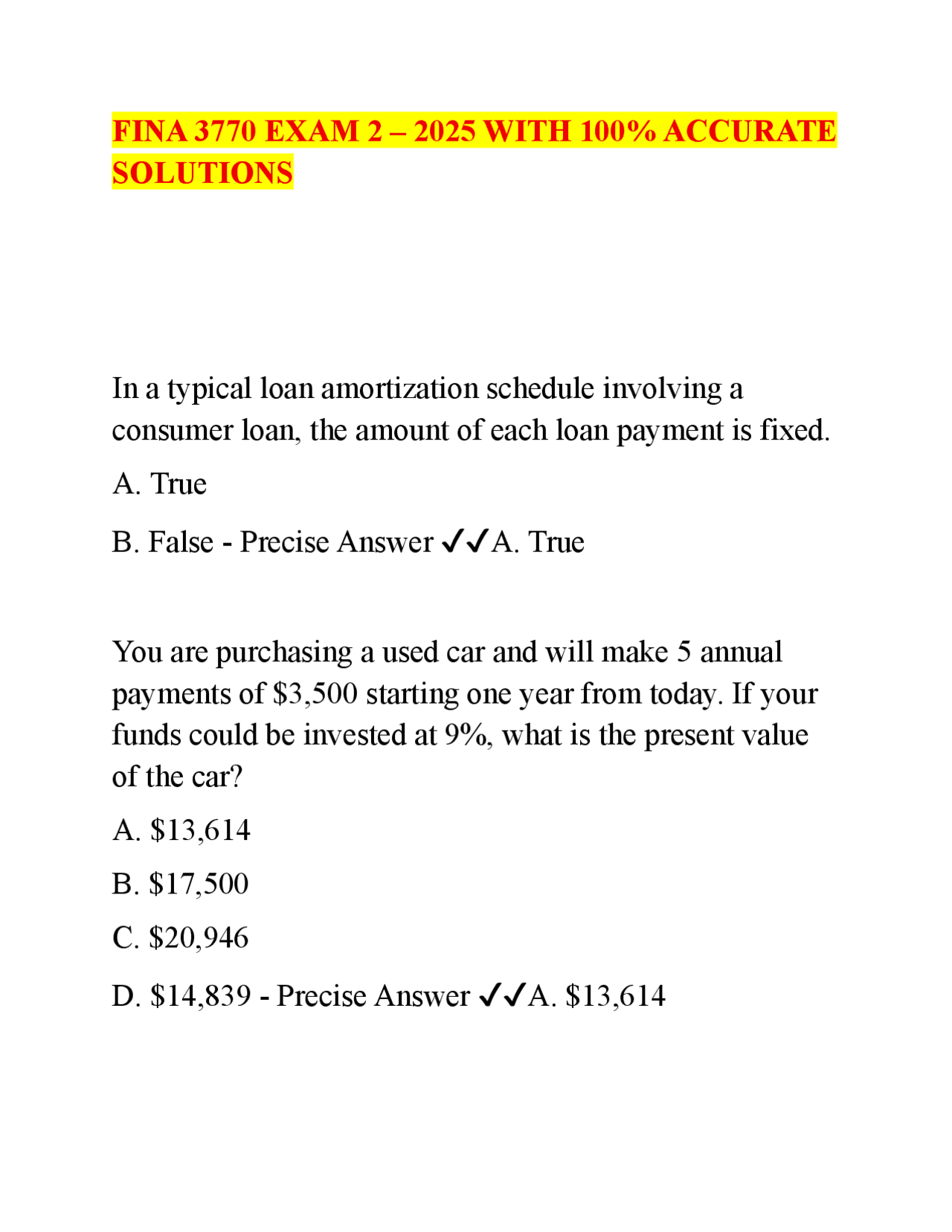 Finance Exam 2: Solved Problems in Time Value of Money | Exams Finance ...