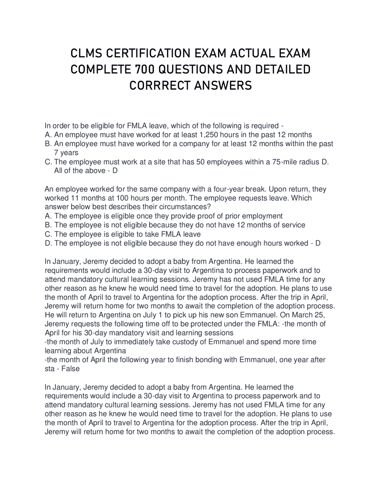 CLMS CERTIFICATION EXAM ACTUAL EXAM COMPLETE 700 QUESTIONS AND DETAILED ...