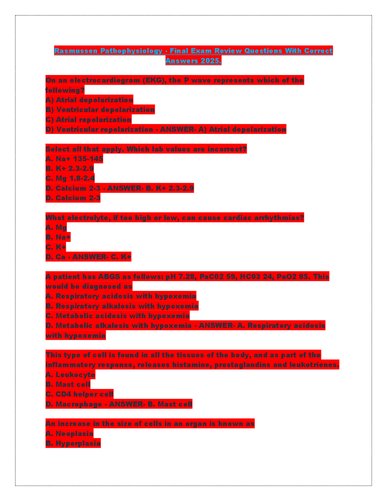 Rasmussen Pathophysiology - Final Exam Review Questions With Correct ...