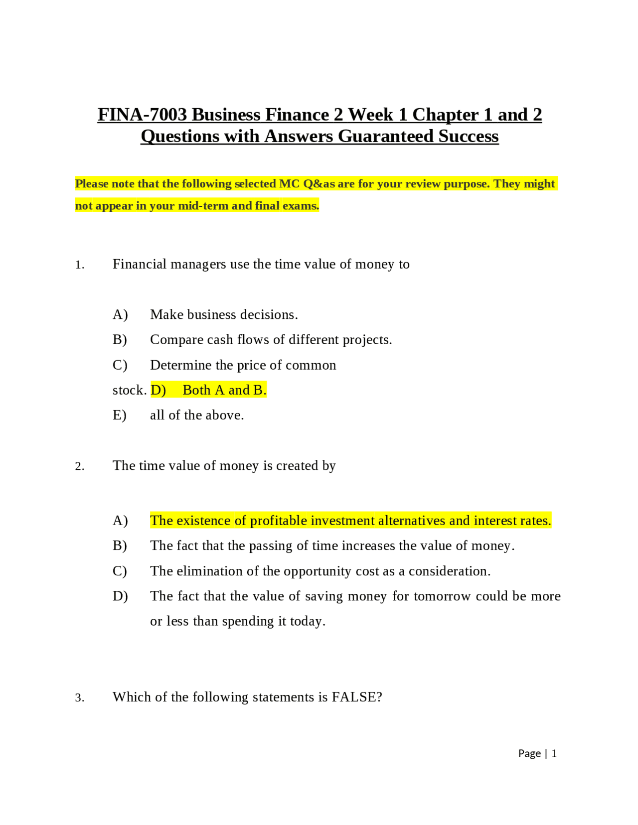 FINA-7003 Business Finance 2 Week 1 Chapter 1 and 2 Questions with ...