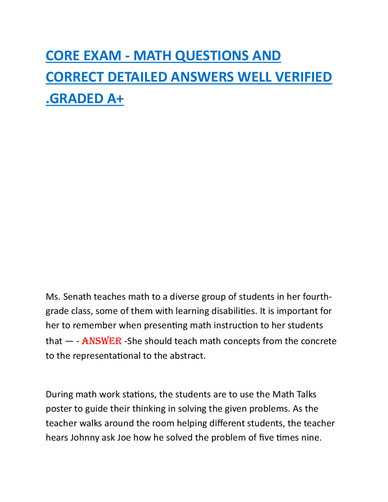 CORE EXAM - MATH QUESTIONS AND CORRECT DETAILED ANSWERS WELL VERIFIED ...