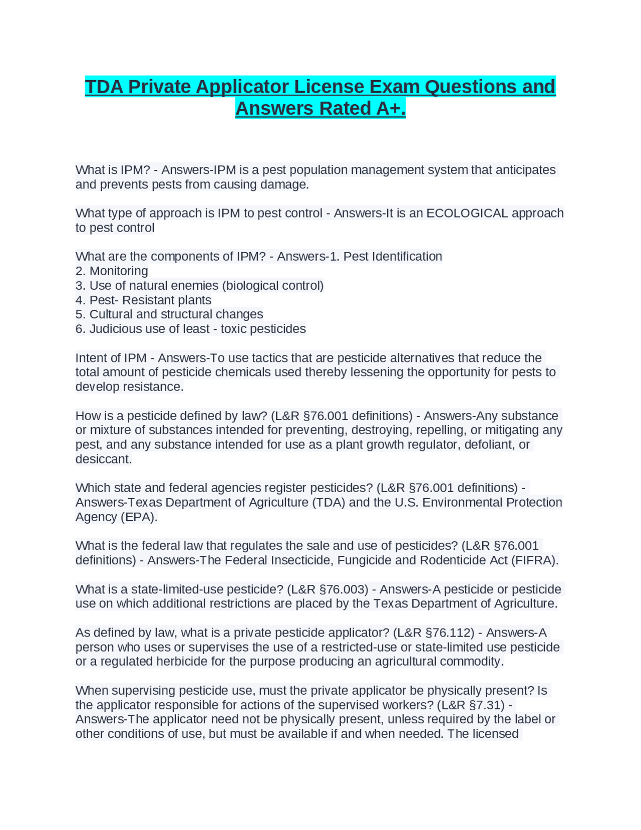 TDA Private Applicator License Exam Questions and Answers Rated A+ ...