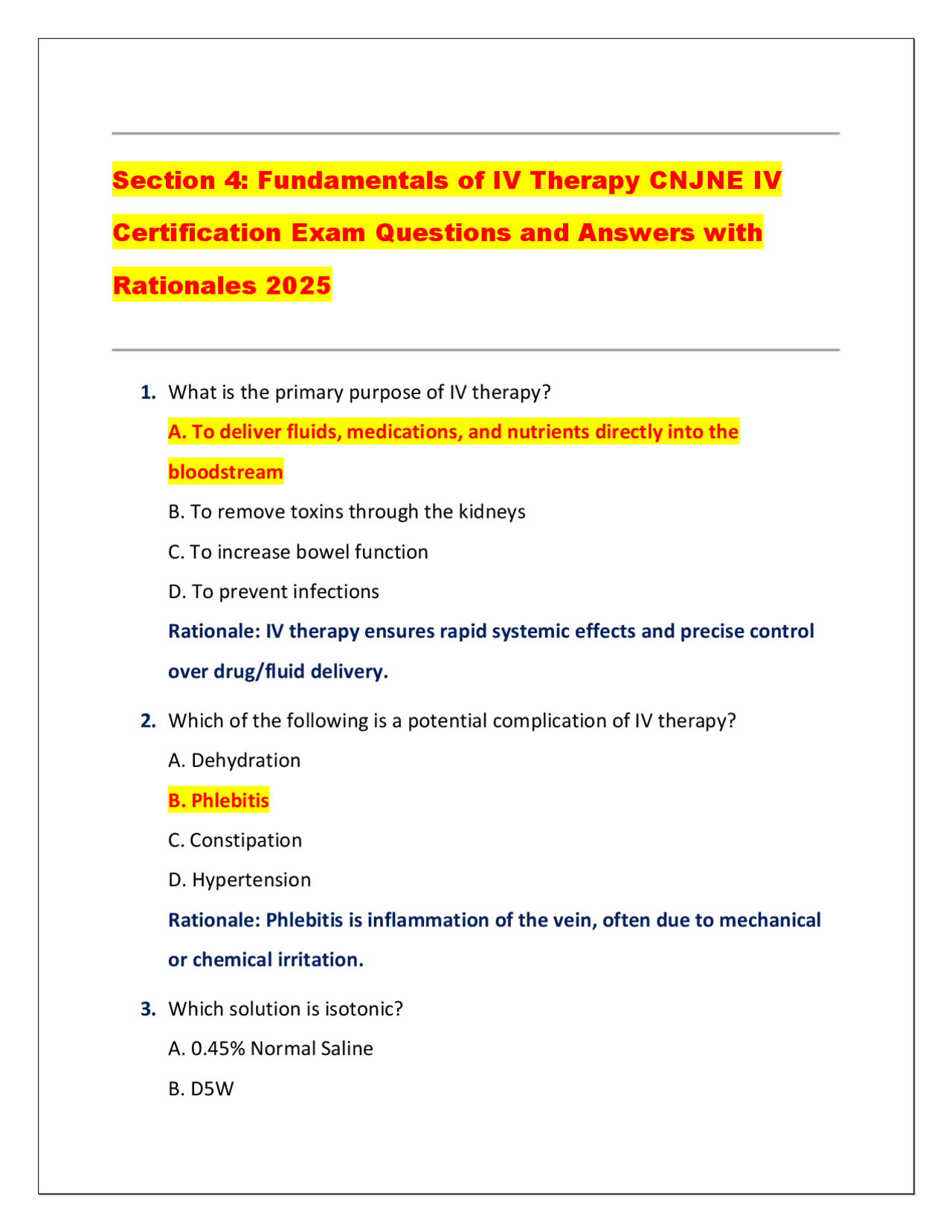 Section 4: Fundamentals of IV Therapy CNJNE IV Certification Exam ...