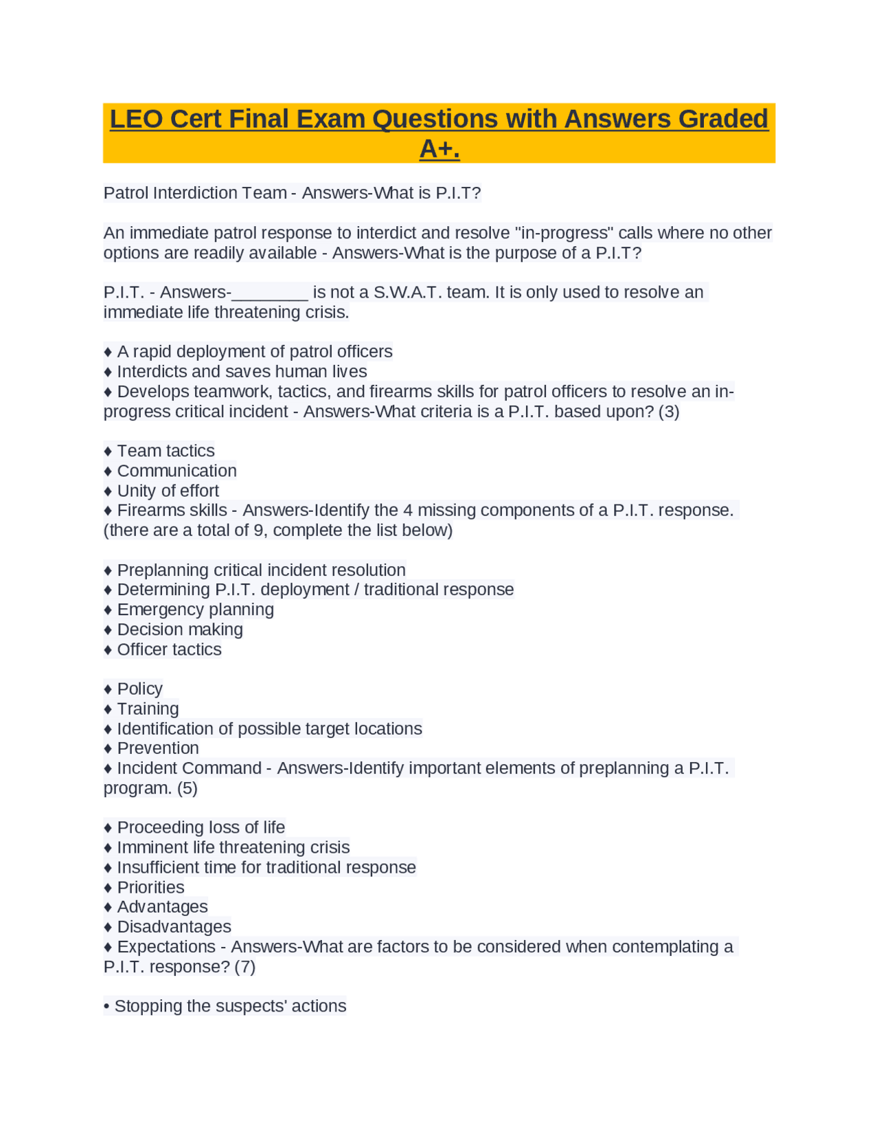LEO Cert Final Exam Questions with Answers Graded A+. | Exams Nursing ...