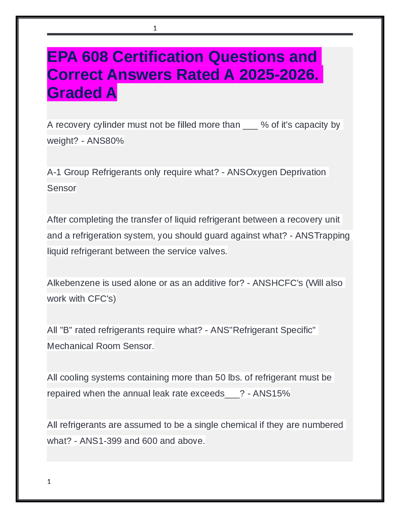 EPA 608 Certification Questions and Correct Answers Rated A 2025-2026 ...