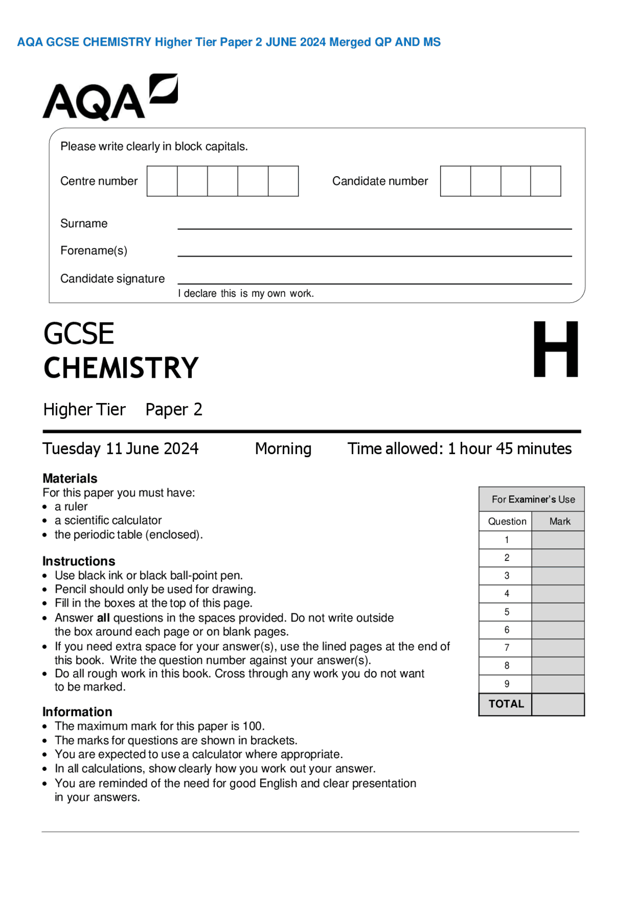 AQA GCSE CHEMISTRY Higher Tier Paper 2 JUNE 2024 Merged QP AND MS ...