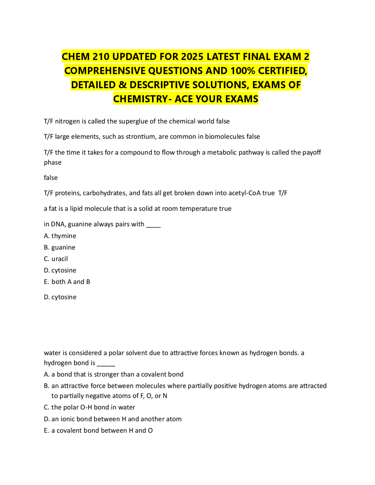 CHEM 210 UPDATED FOR 2025 LATEST FINAL EXAM 2 COMPREHENSIVE QUESTIONS ...