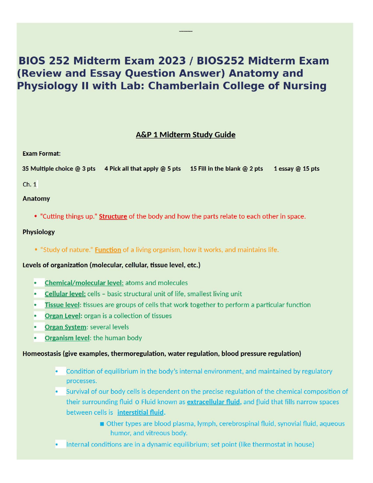 BIOS 252 Anatomy and Physiology II with Lab: Midterm Exam Review and ...