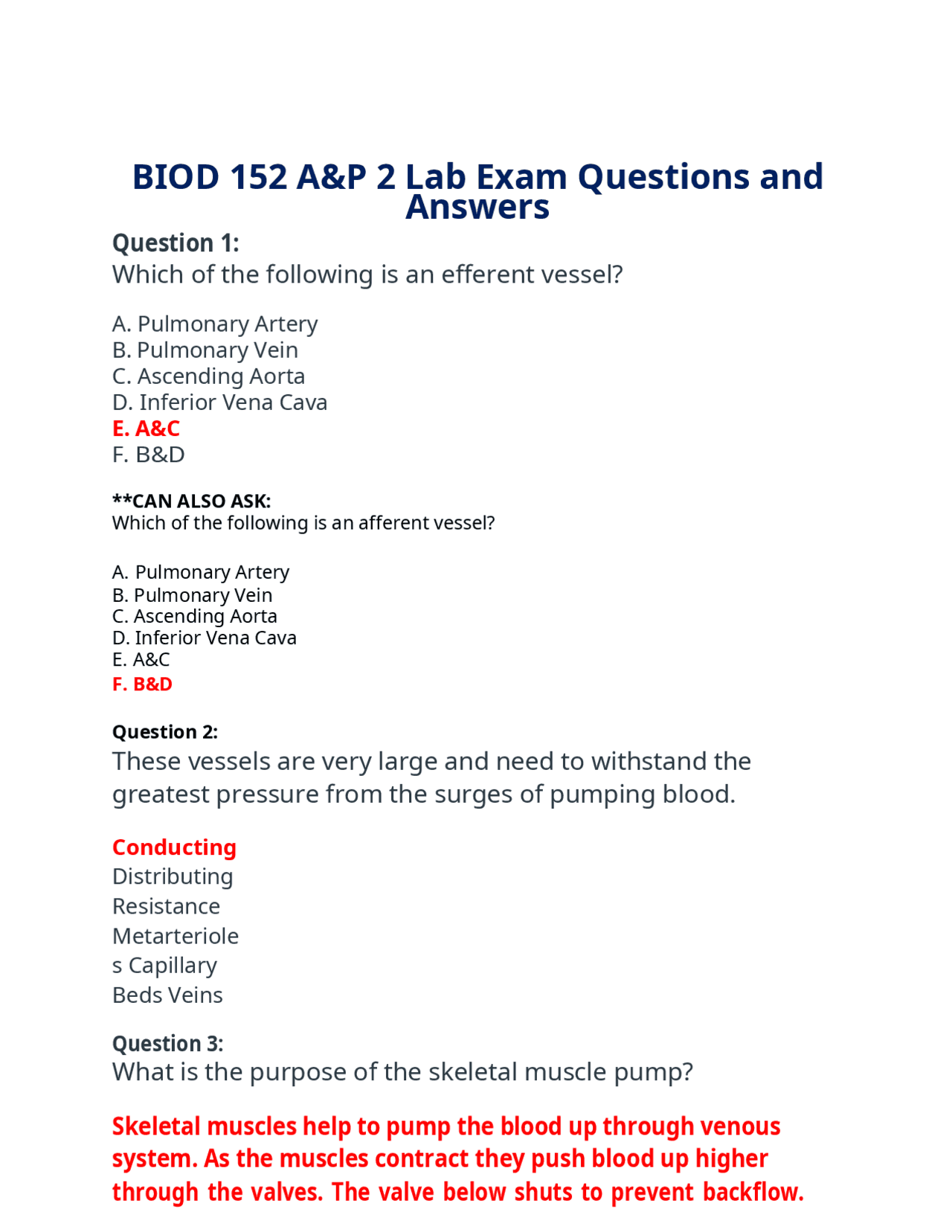 BIOD 152 A&P 2 Lab Exam Questions and Answers | Exams Nursing | Docsity