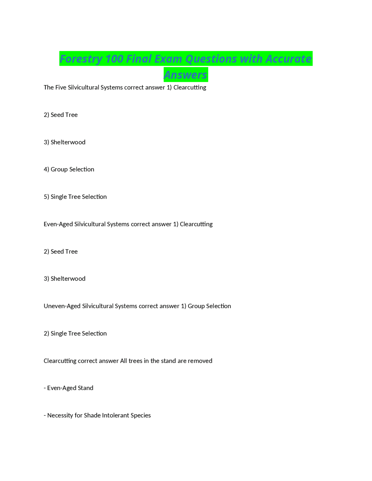 Forestry 100 Final Exam Questions with Accurate Answers | Exams ...