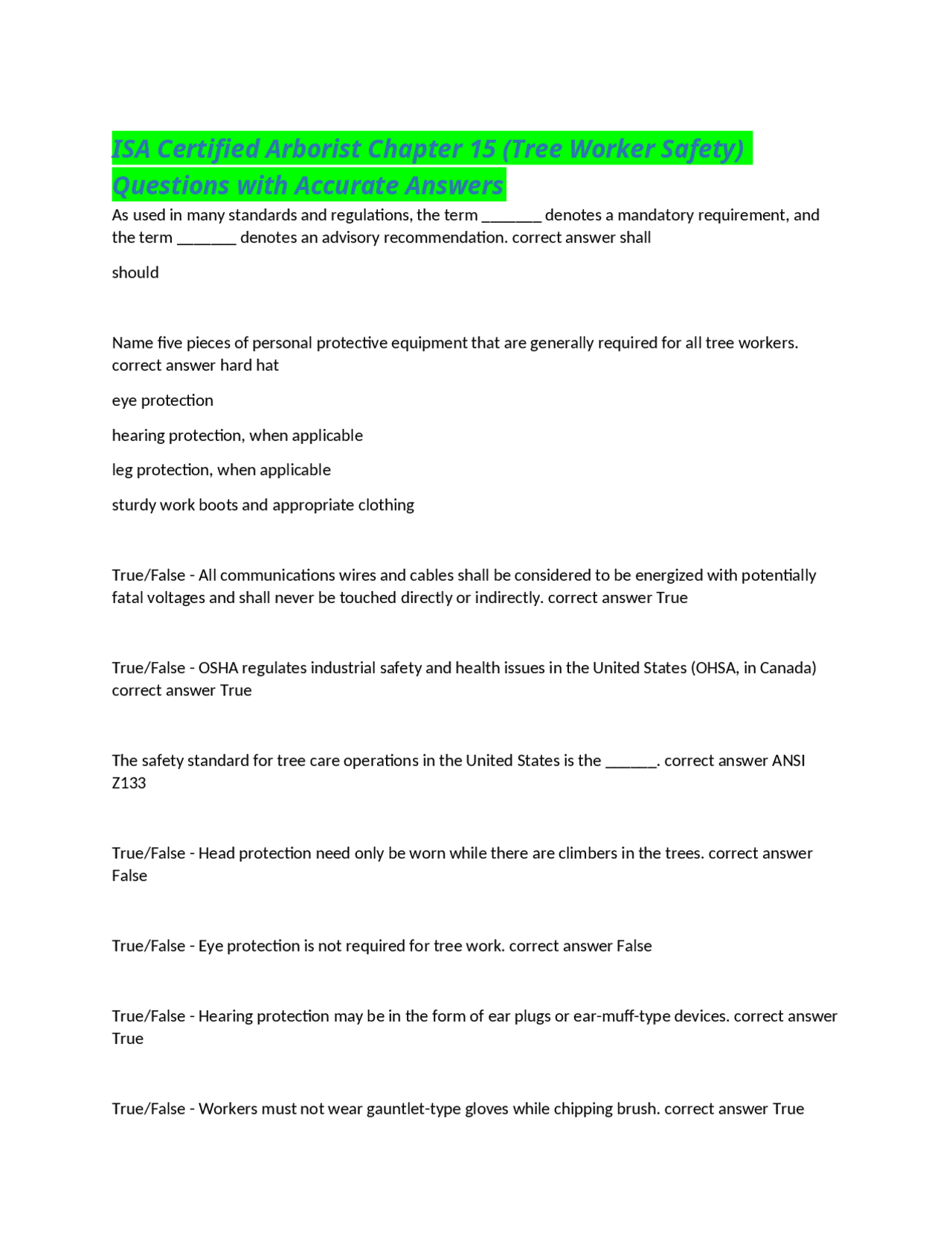 ISA Certified Arborist Chapter 15 (Tree Worker Safety) Questions with ...