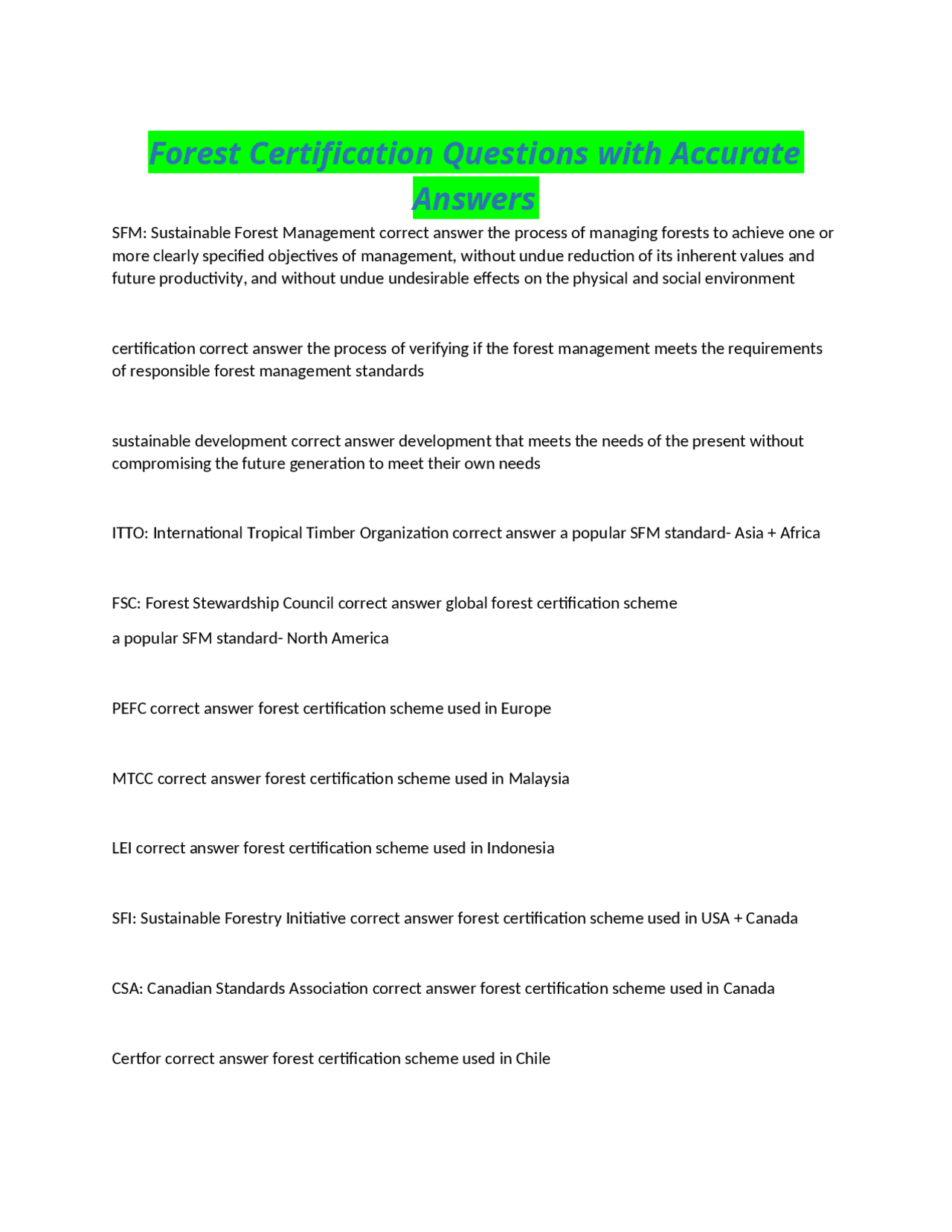 Forest Certification Questions with Accurate Answers | Exams Forestry ...