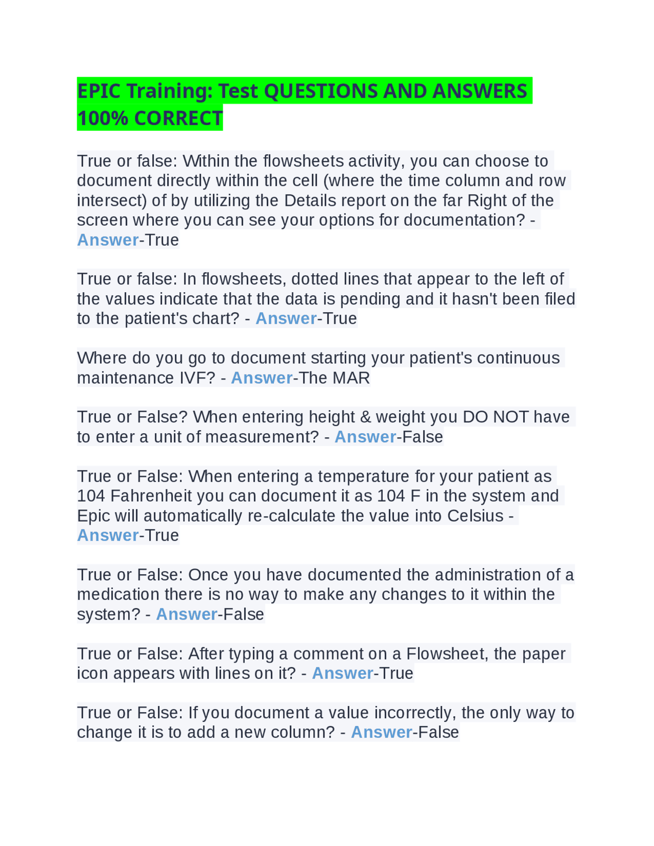Epic 26 Questionnaire.pdf EPIC Training: Test QUESTIONS AND ANSWERS 100% CORRECT | Exams Nursing ...