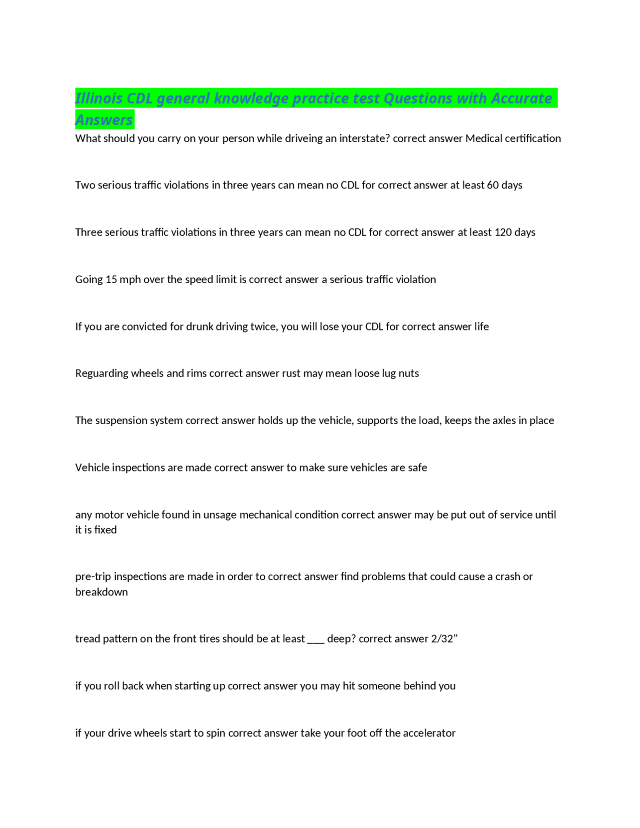 Illinois CDL general knowledge practice test Questions with Accurate ...