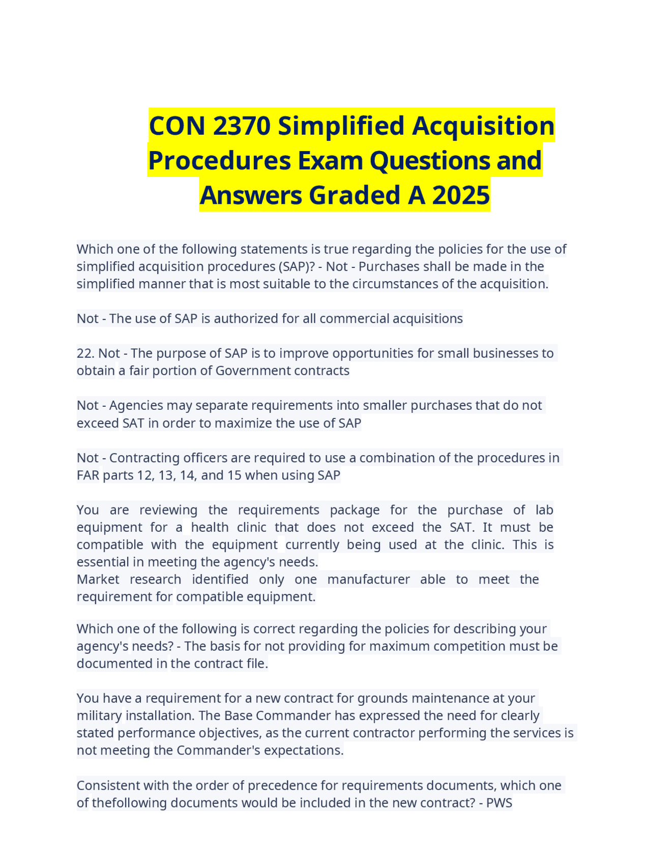 CON 2370 Simplified Acquisition Procedures Exam Questions and Answers ...