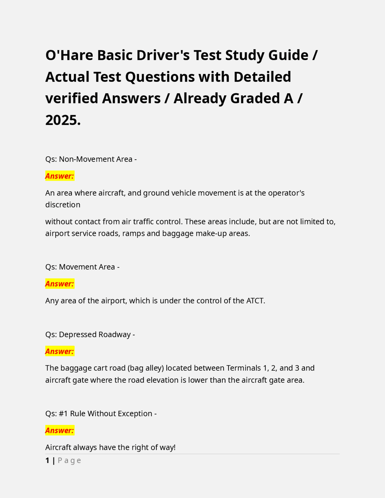 O'Hare Basic Driver's Test Study Guide / Actual Test Questions with ...