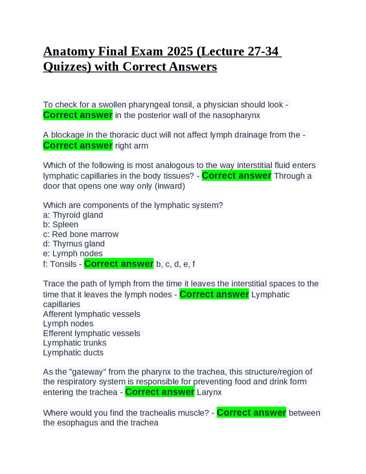 Anatomy Final Exam 2025 (Lecture 27-34 Quizzes) with Correct Answers ...