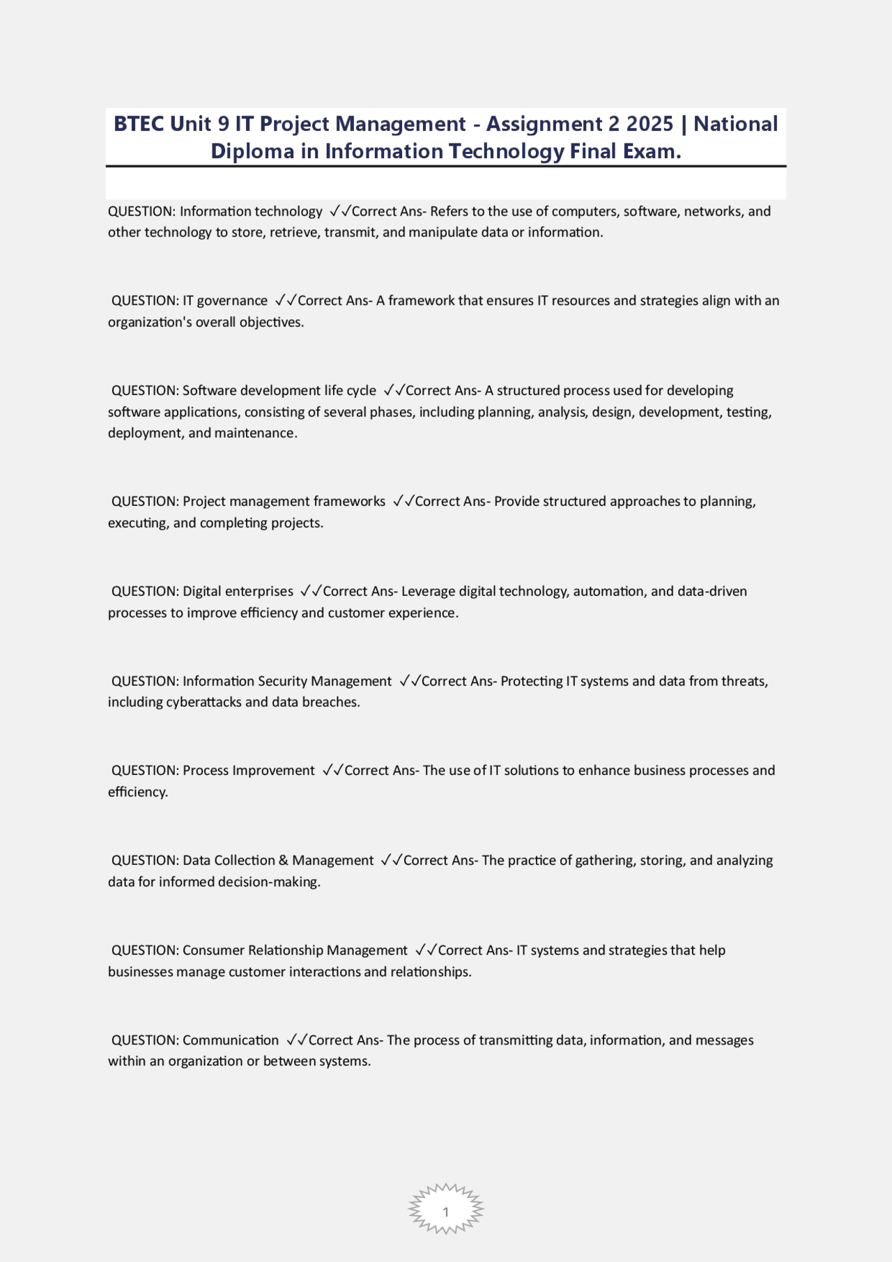 BTEC Unit 9 IT Project Management - Assignment 2 2025 | Exams ...