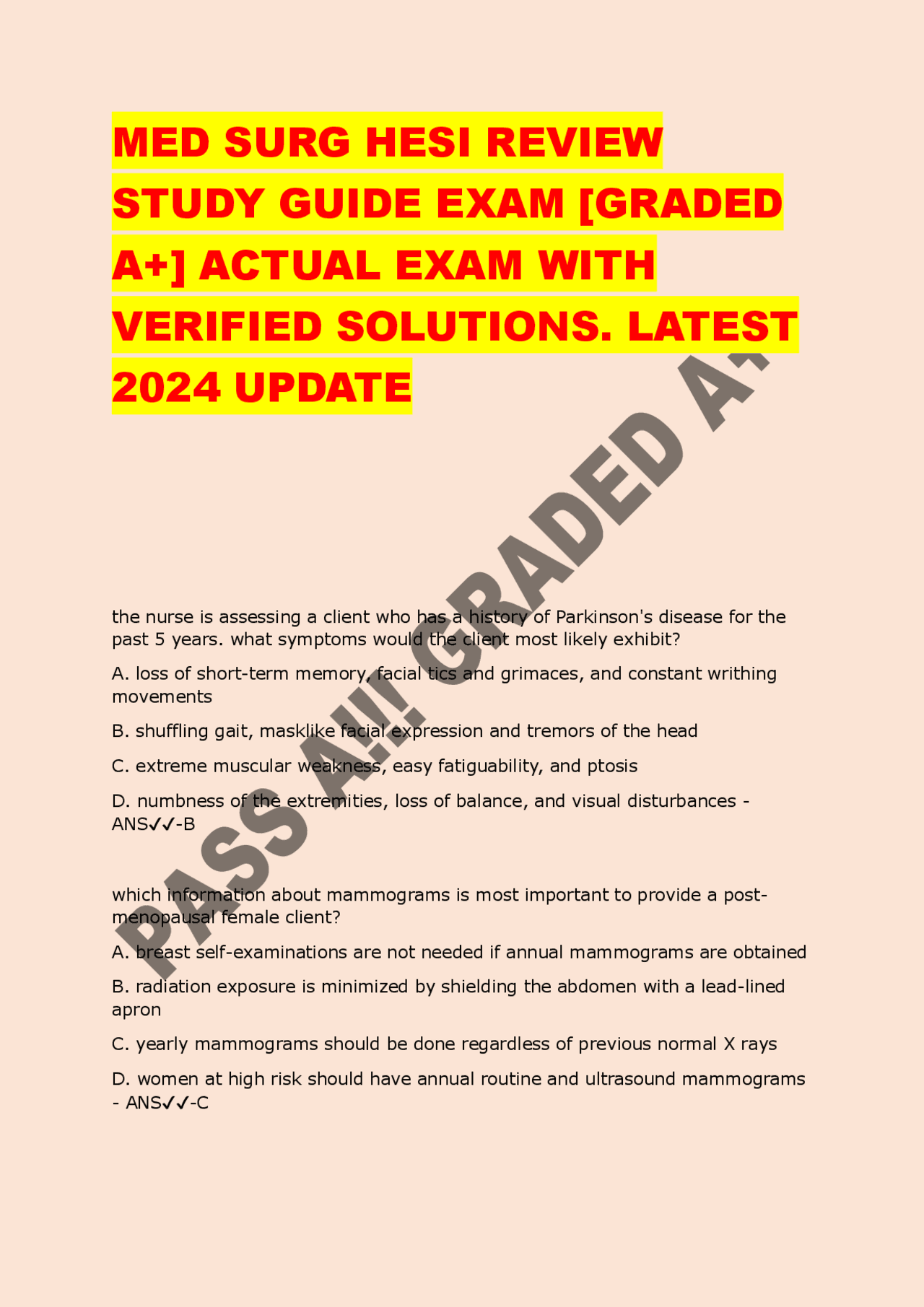 MED SURG HESI REVIEW STUDY GUIDE EXAM [GRADED A+] ACTUAL EXAM WITH ...