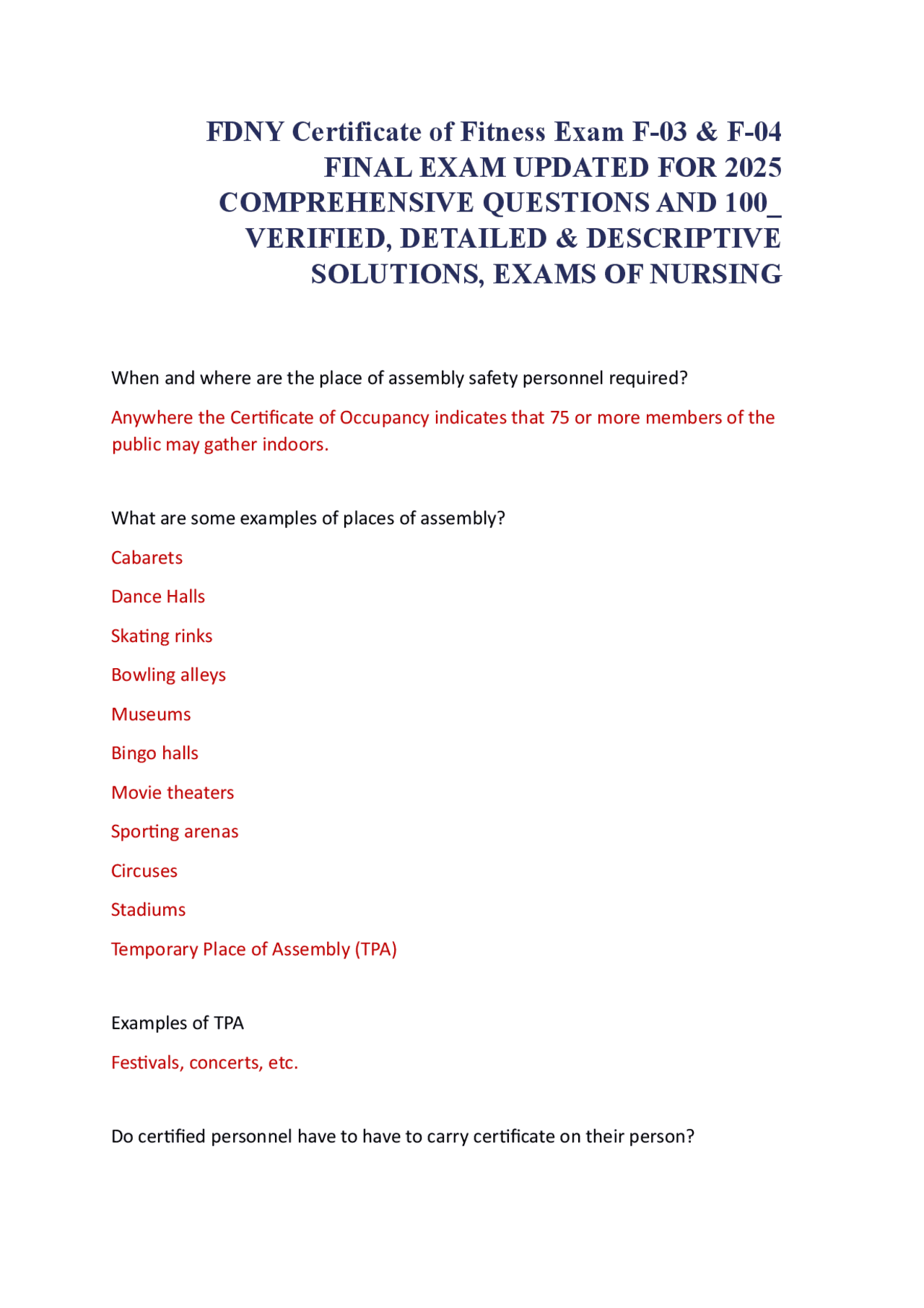 Fdny Certificate Of Fitness Exam F 03 F 04 Final Exam Updated For