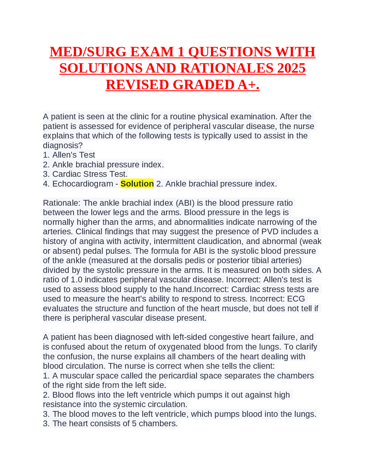 MEDSURG EXAM 1 QUESTIONS WITH SOLUTIONS AND RATIONALES 2025 REVISED ...
