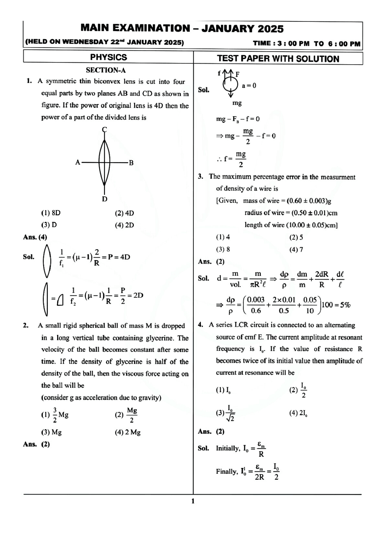 Physics 2025 questions and answers jee main exam | Exercises Physics ...