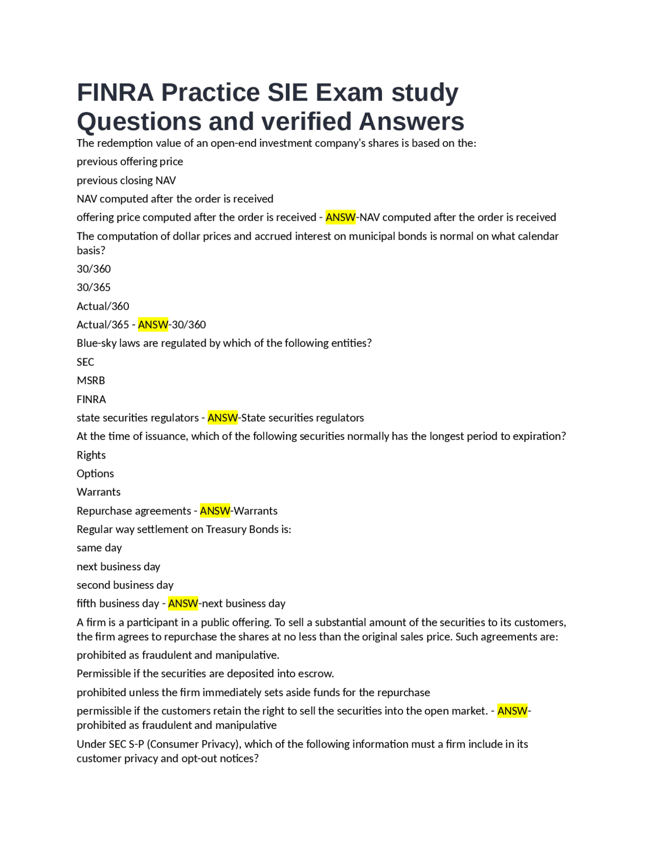 FINRA Practice SIE Exam study Questions and verified Answers | Exams ...