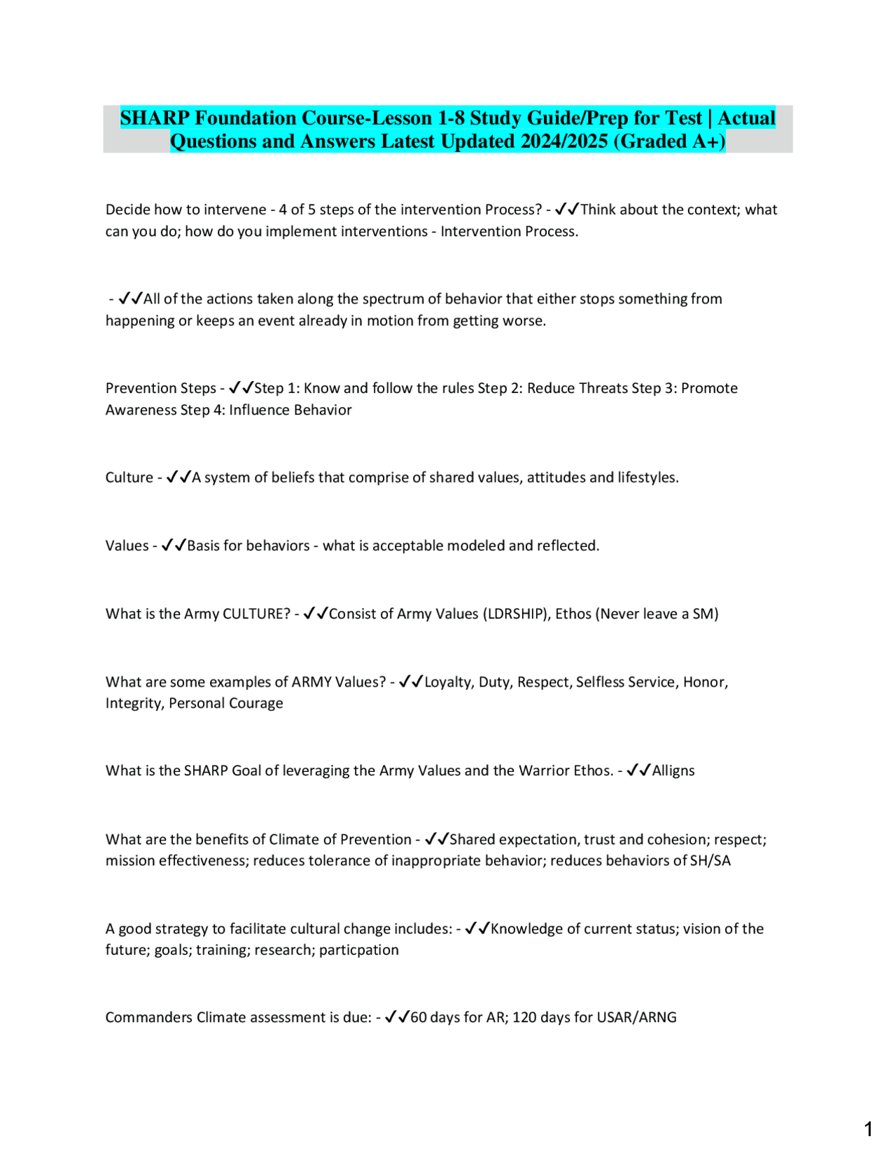 Sharp Guide SHARP Foundation Course-Lesson 1-8 Study Guide/Prep for Test | Actual ...