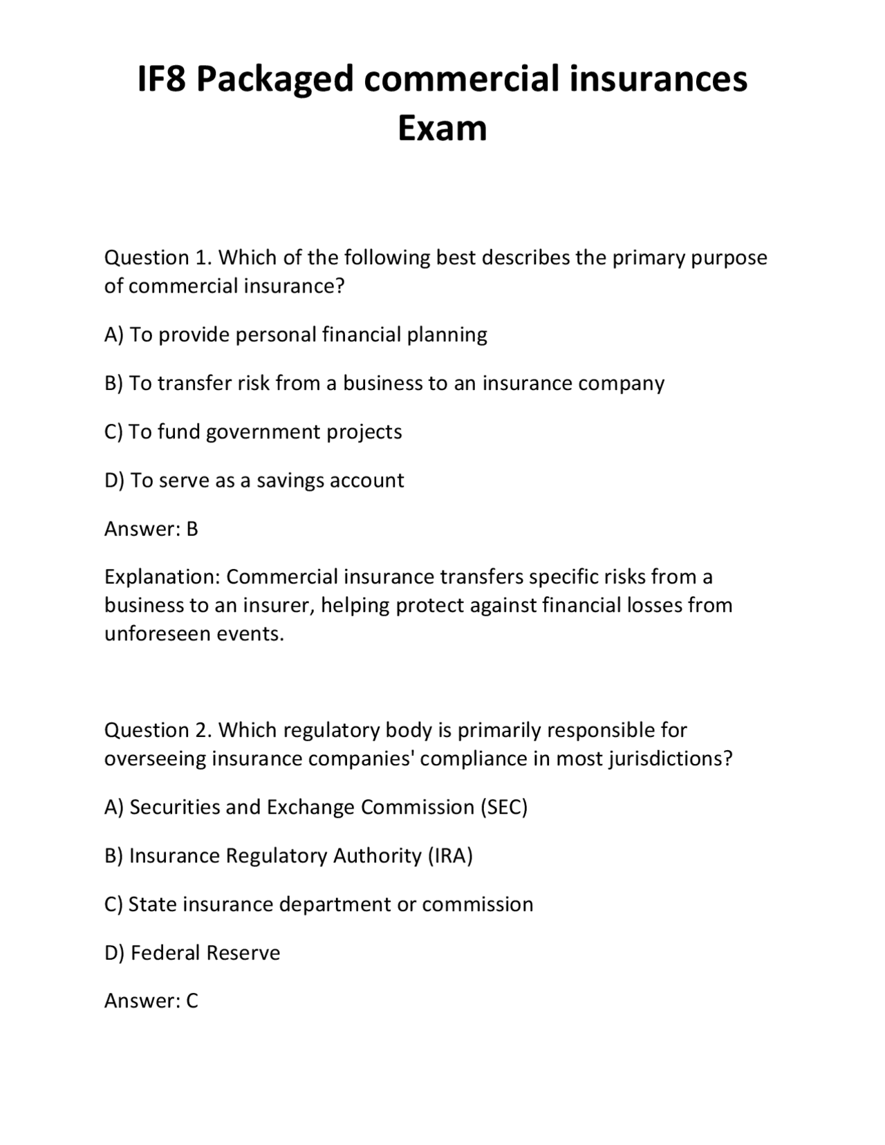 IF8 Packaged commercial insurances Exam | Exams Technology | Docsity