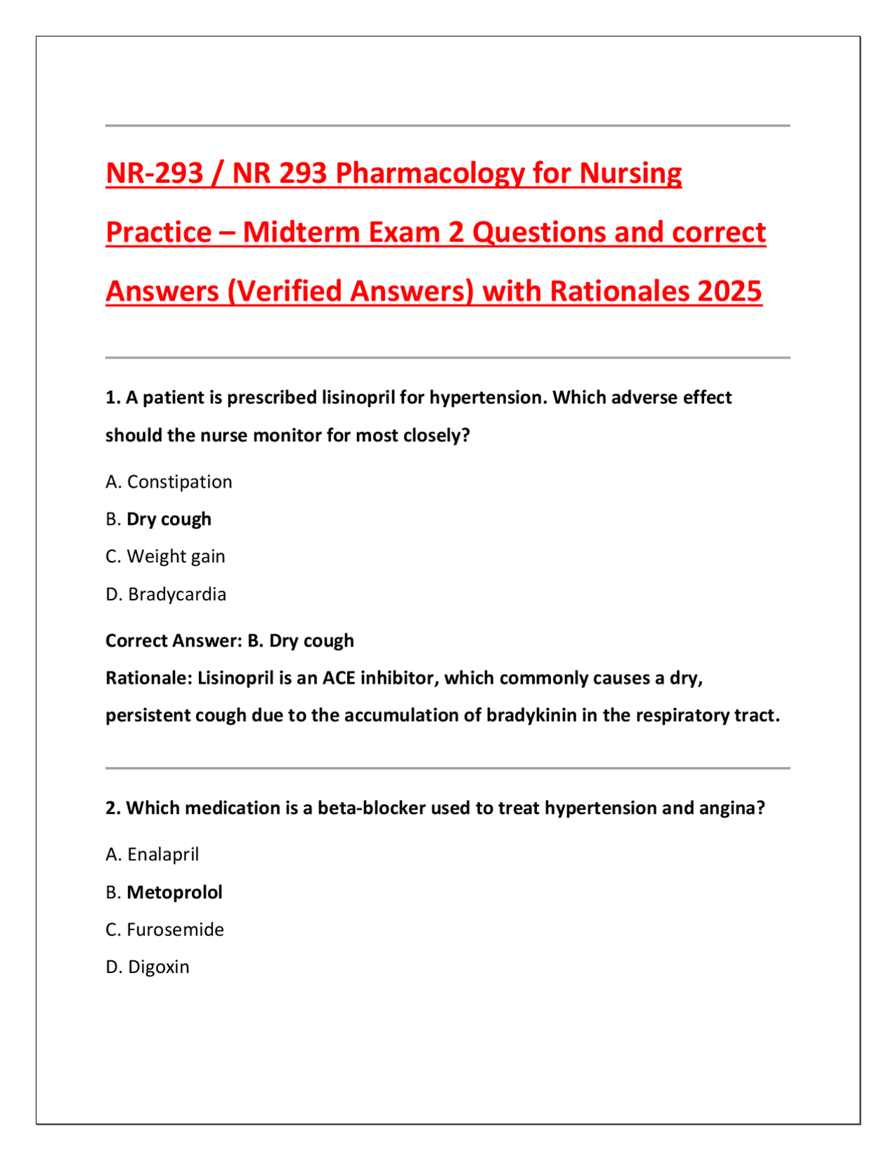 NR-293 / NR 293 Pharmacology for Nursing Practice – Midterm Exam 2 ...