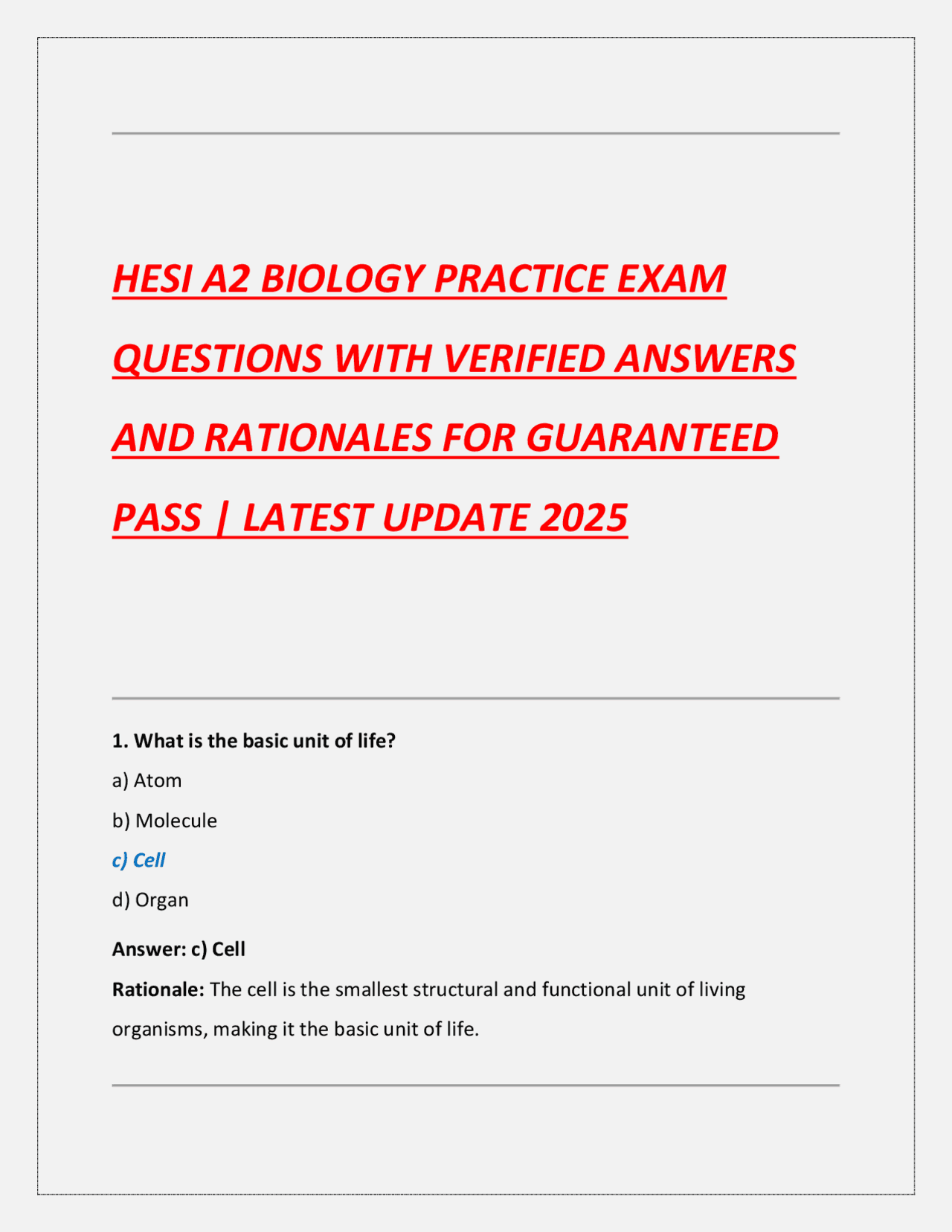 HESI A2 BIOLOGY PRACTICE EXAM QUESTIONS WITH VERIFIED ANSWERS AND ...