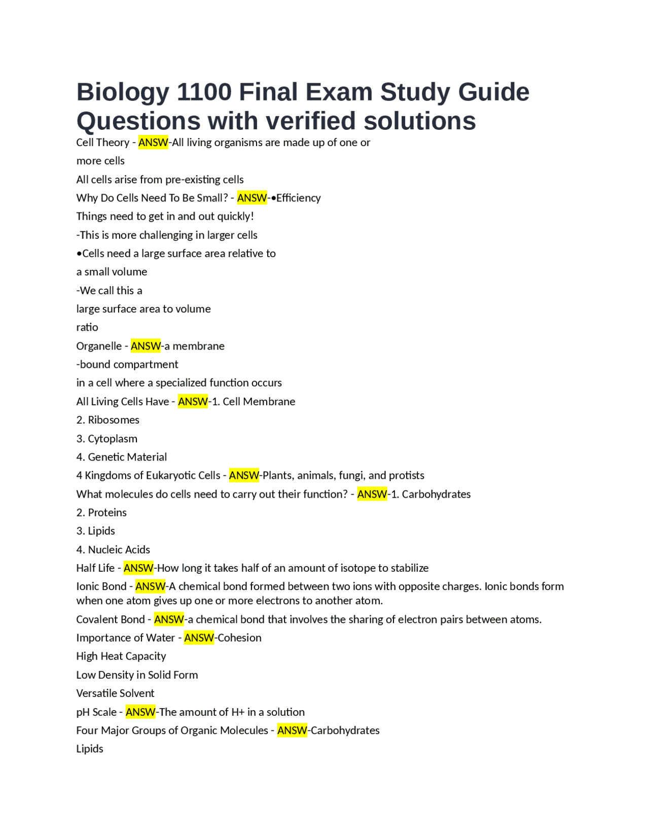 Biology 1100 Final Exam Study Guide Questions with verified solutions ...