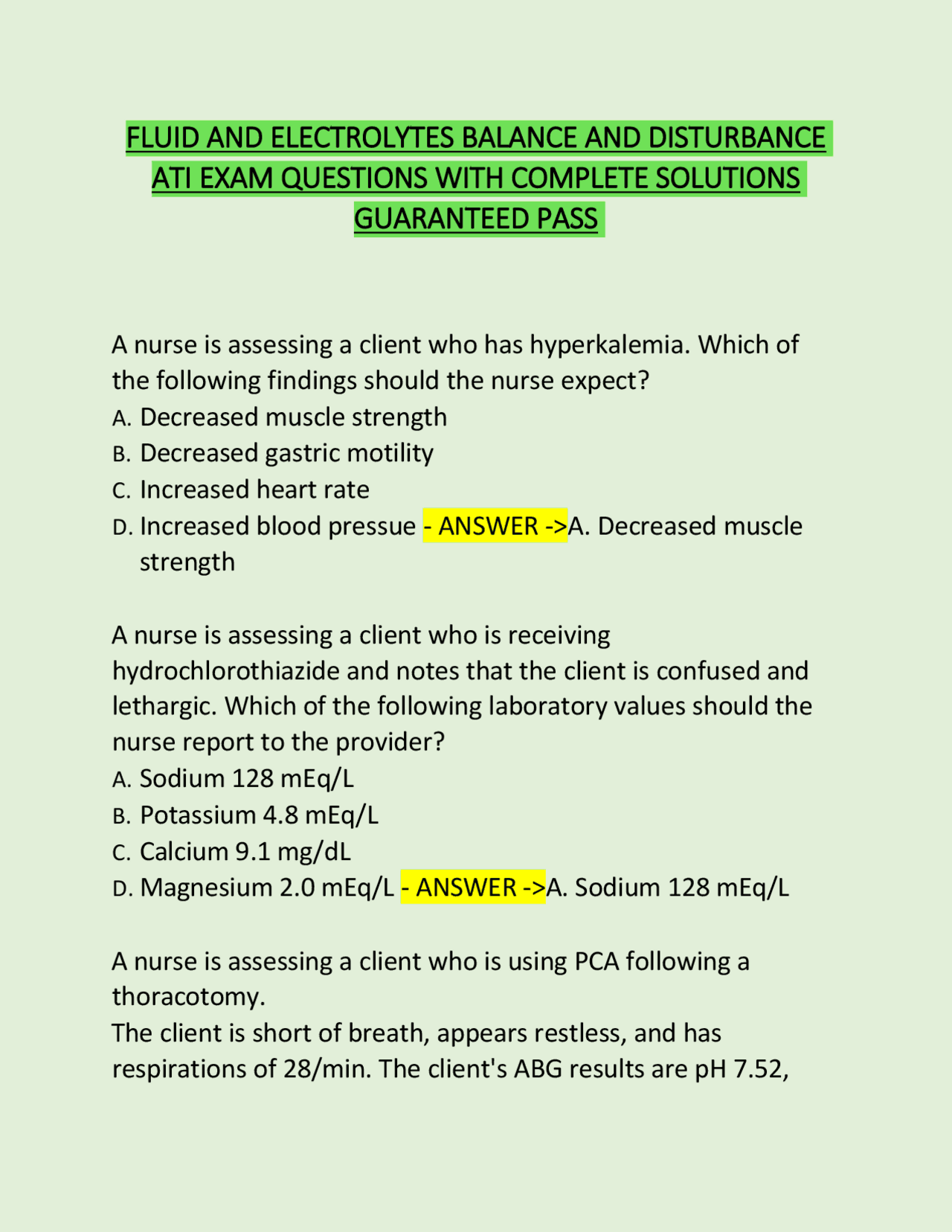 Fluid and Electrolyte Balance: Exam Q&A | Exams Nursing | Docsity