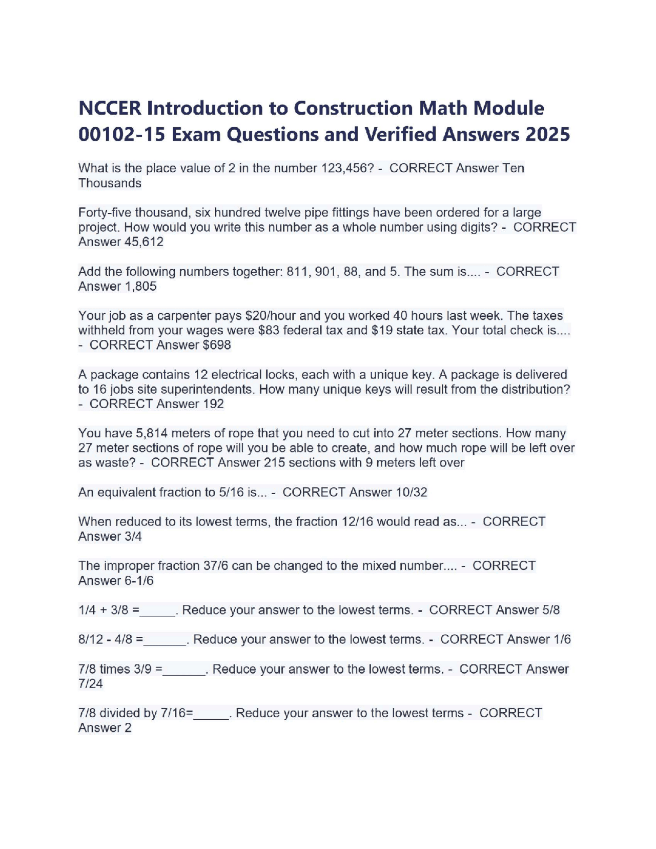 NCCER Introduction to Construction Math Module 00102-15 Exam Questions ...