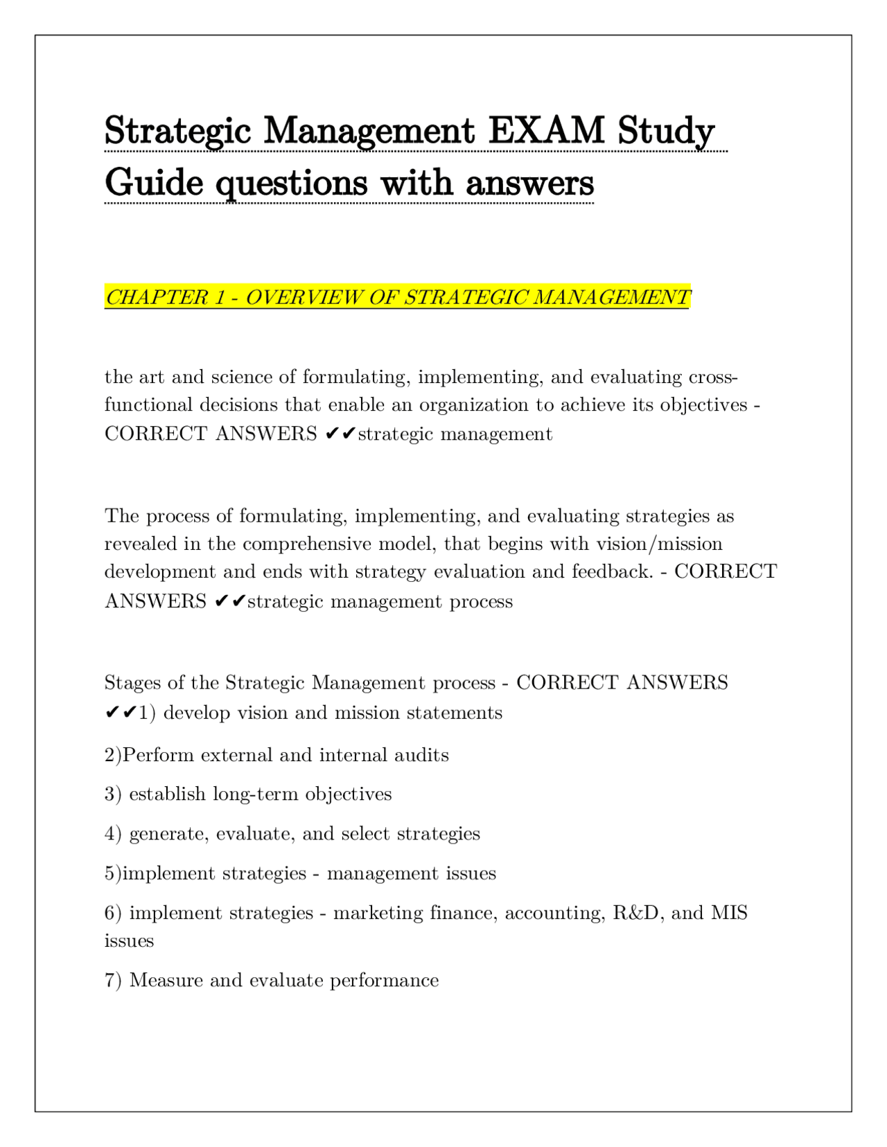 Strategic Management Exam Study Guide with Key Questions and Answers ...