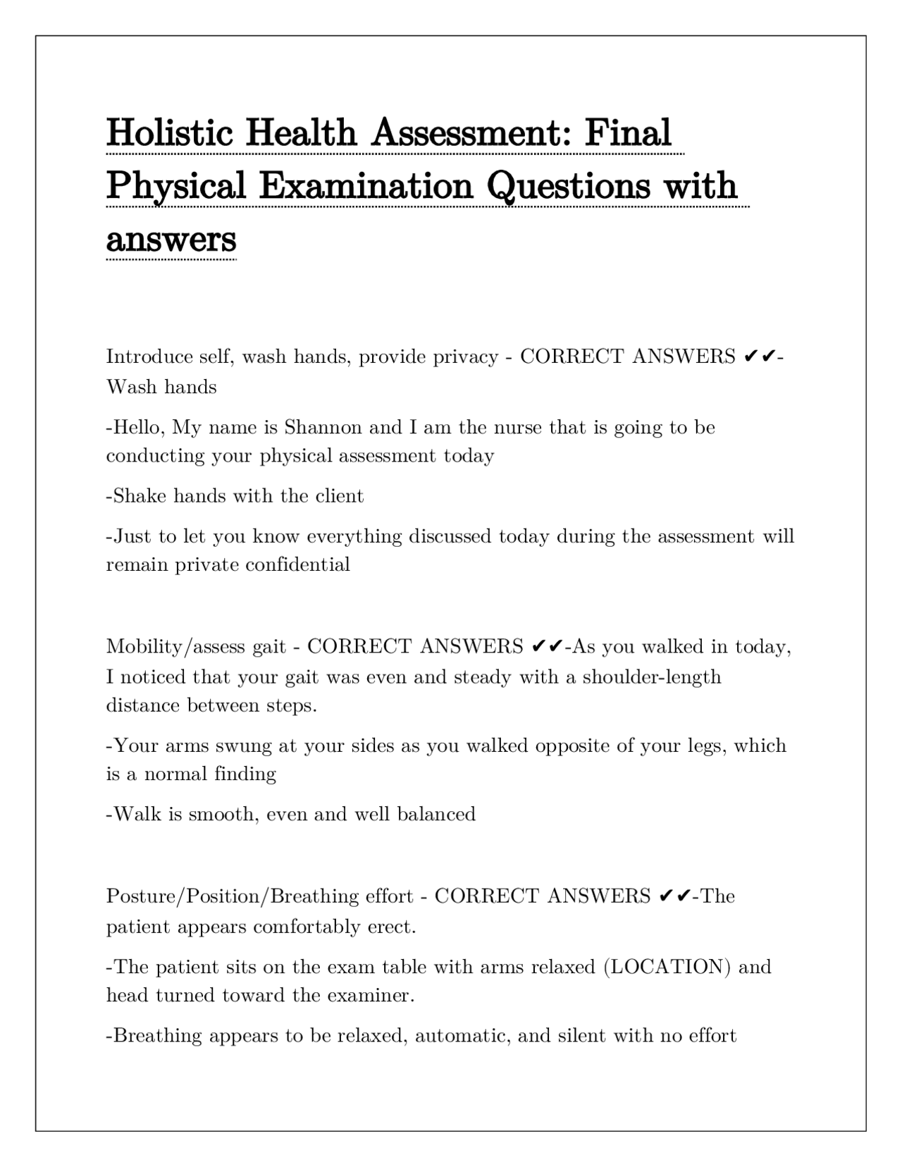 Holistic Health Assessment Final Physical Examination Questions with ...