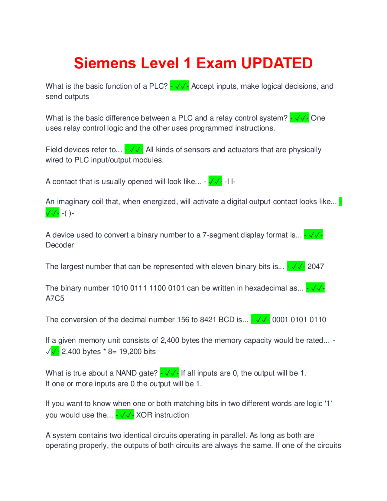 PLC Level 1 Exam Questions and Answers | Exams Electrical and ...