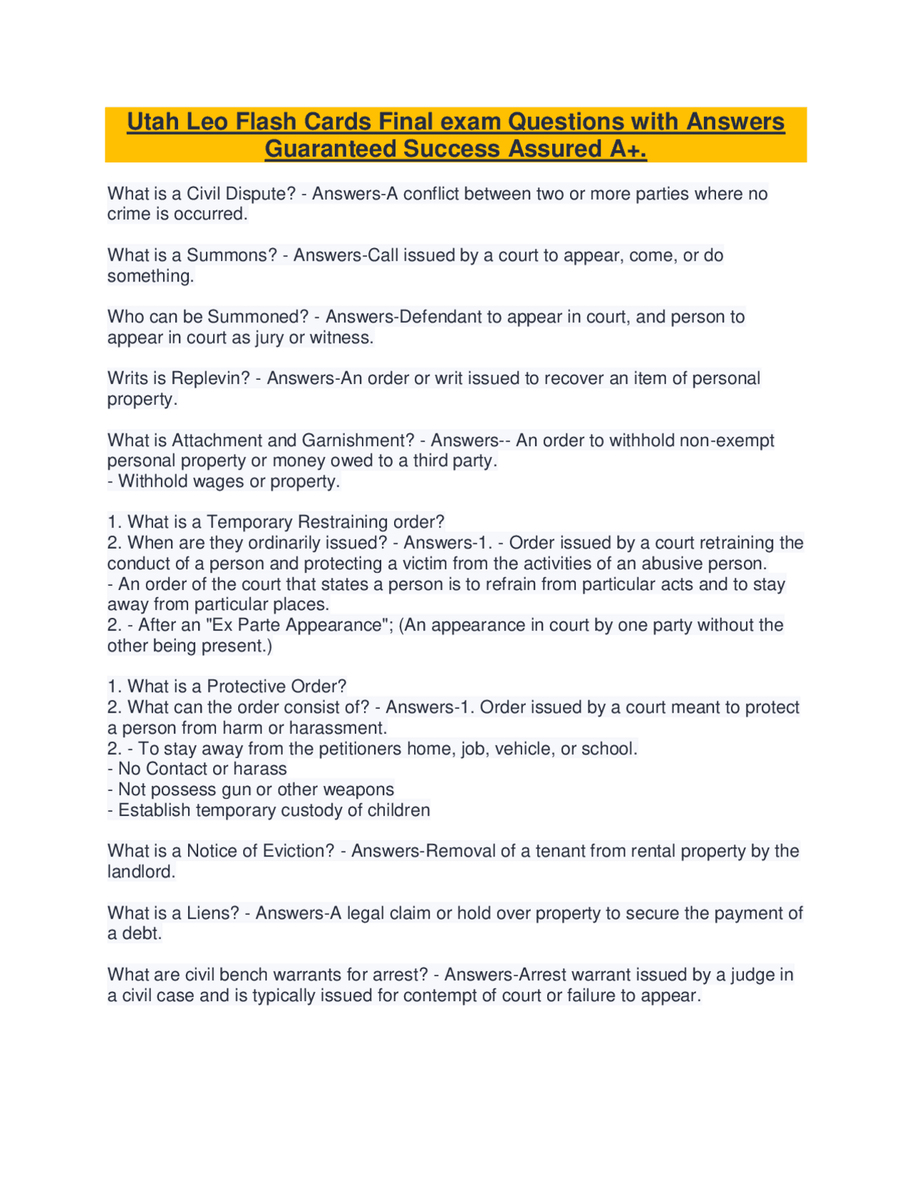 Utah Leo Flash Cards Final exam Questions with Answers Guaranteed ...