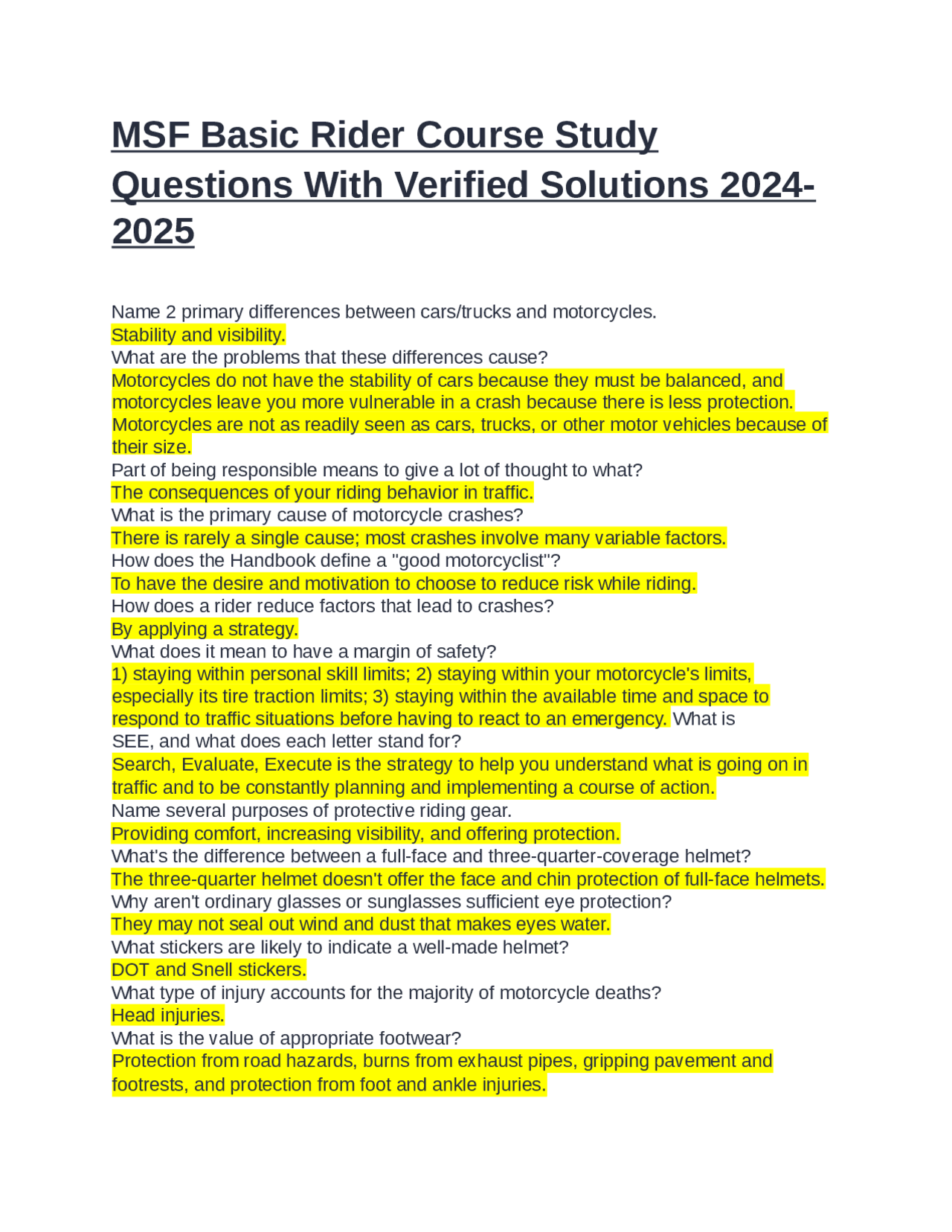 MSF Basic Rider Course Study Questions Best Answers 2024-2025 | Exams ...