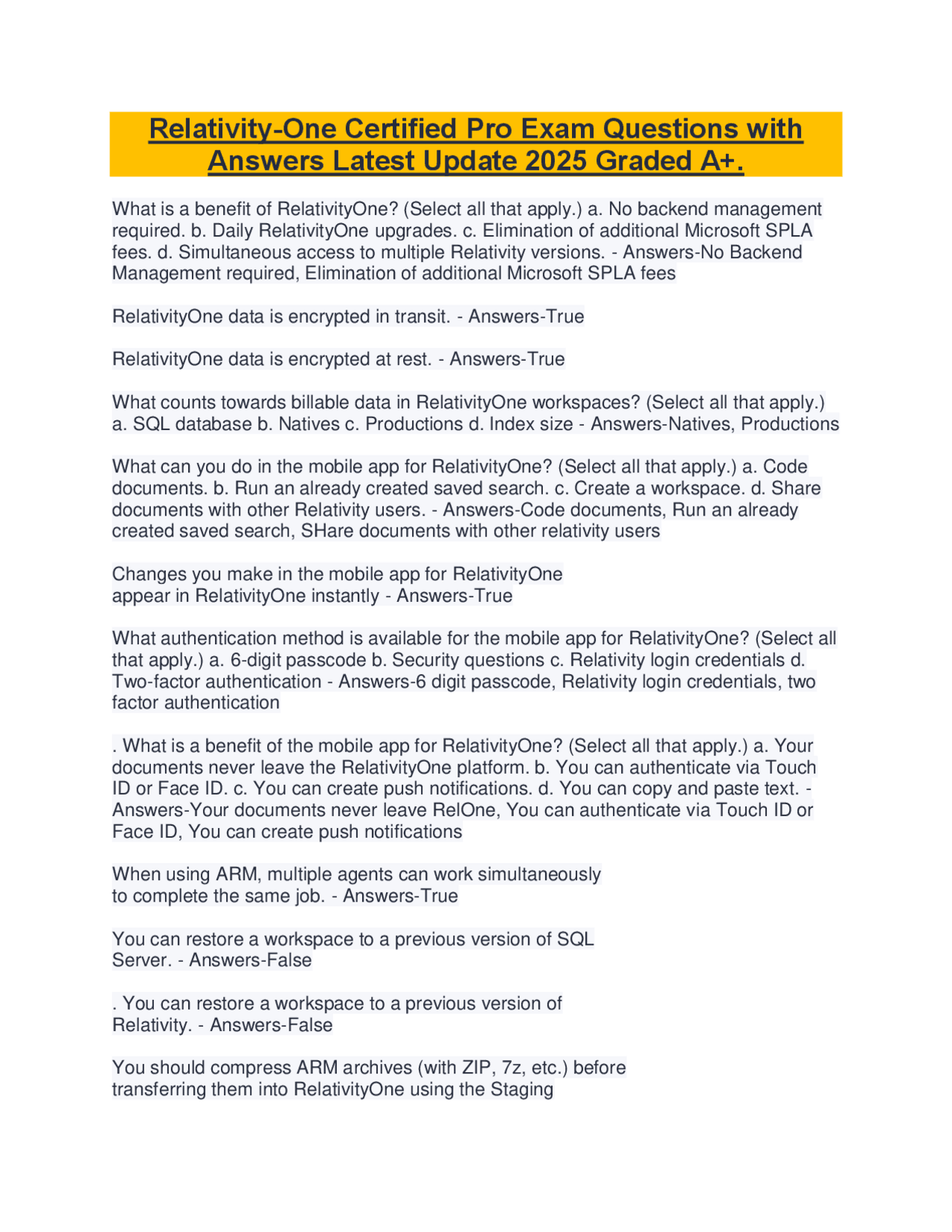 Relativity Certification Relativity-One Certified Pro Exam Questions with Answers Latest Update ...