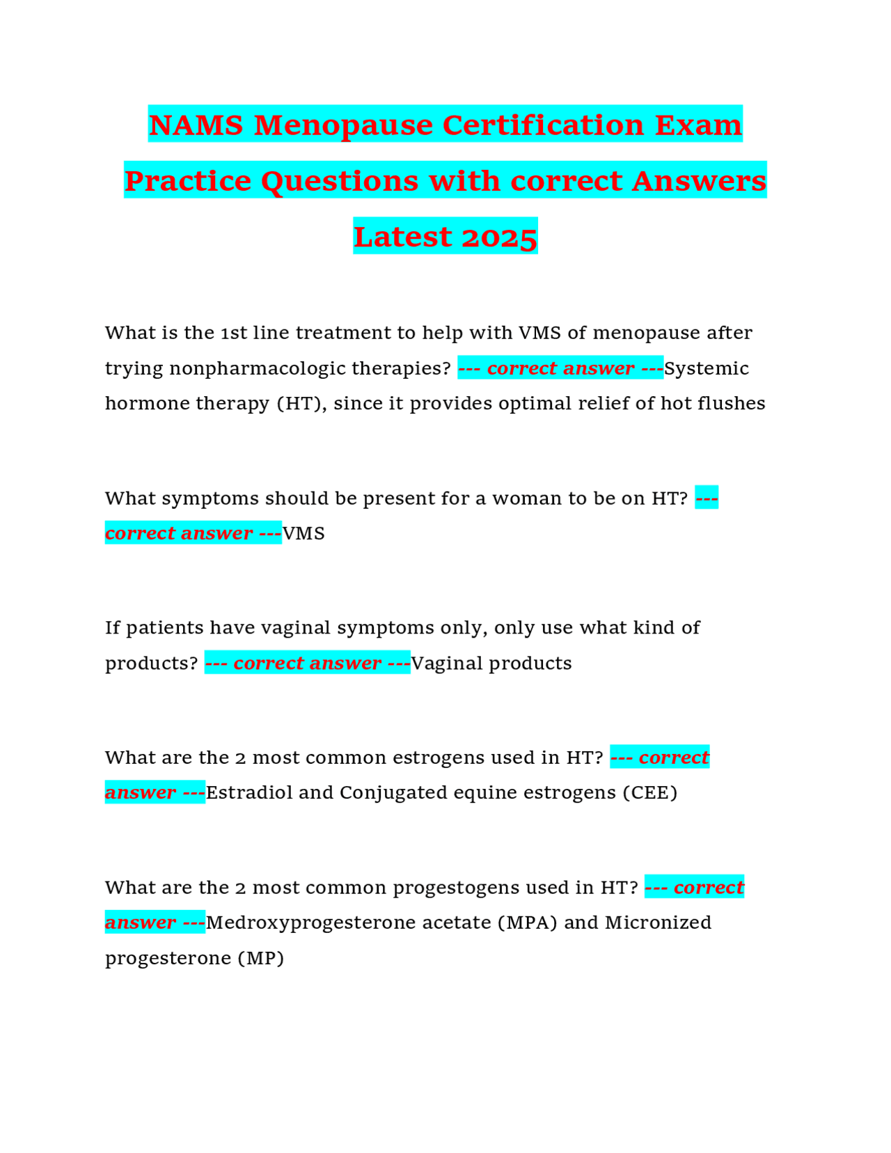 NAMS Menopause Certification Exam Practice Questions with correct ...