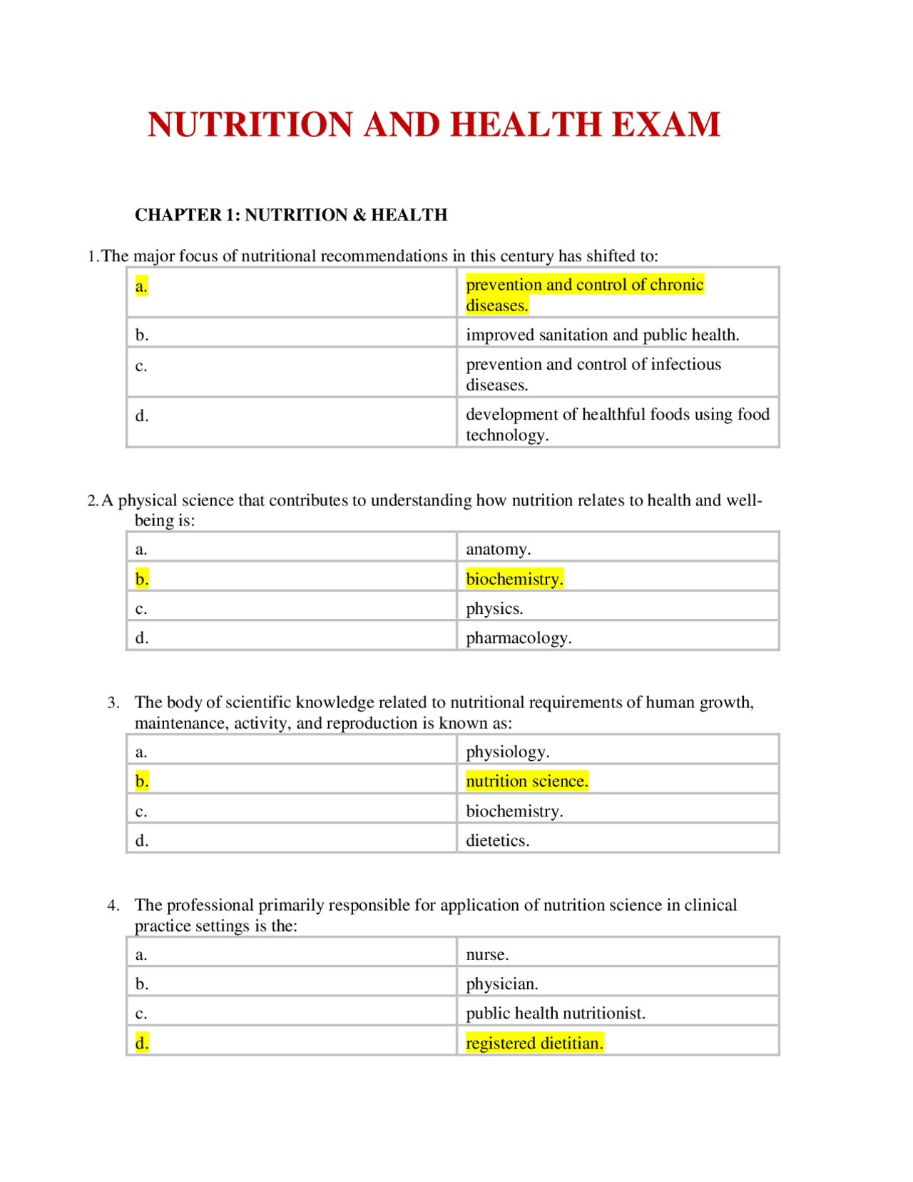 Nutrition and Health Exam: Chapter 1 Review | Exams Nursing | Docsity