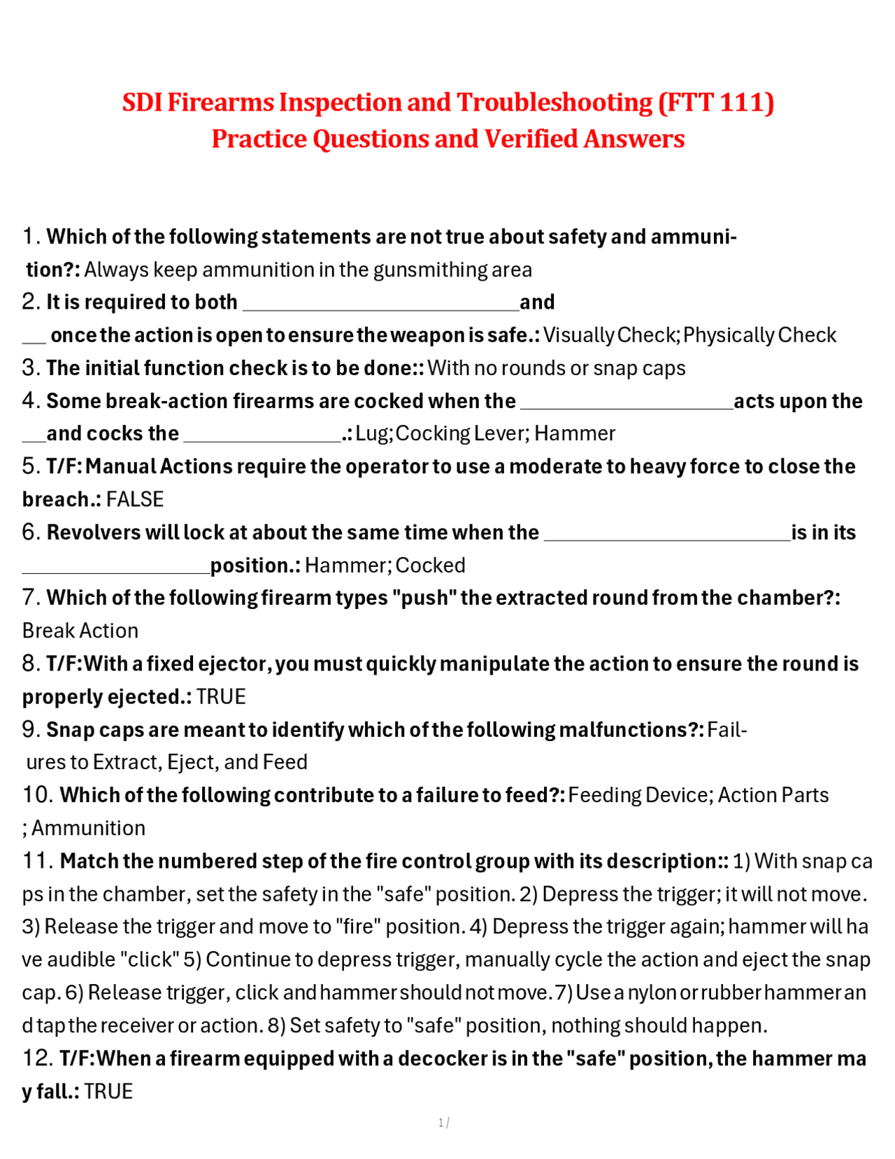 SDI Firearms Inspection & Troubleshooting (FTT 111) Practice Questions ...