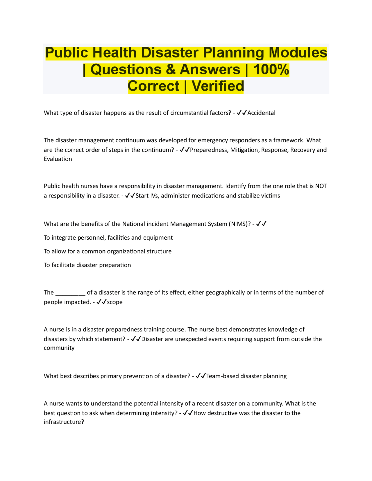 Public Health Disaster Modules | 100% Verified Q&A on Emergency ...