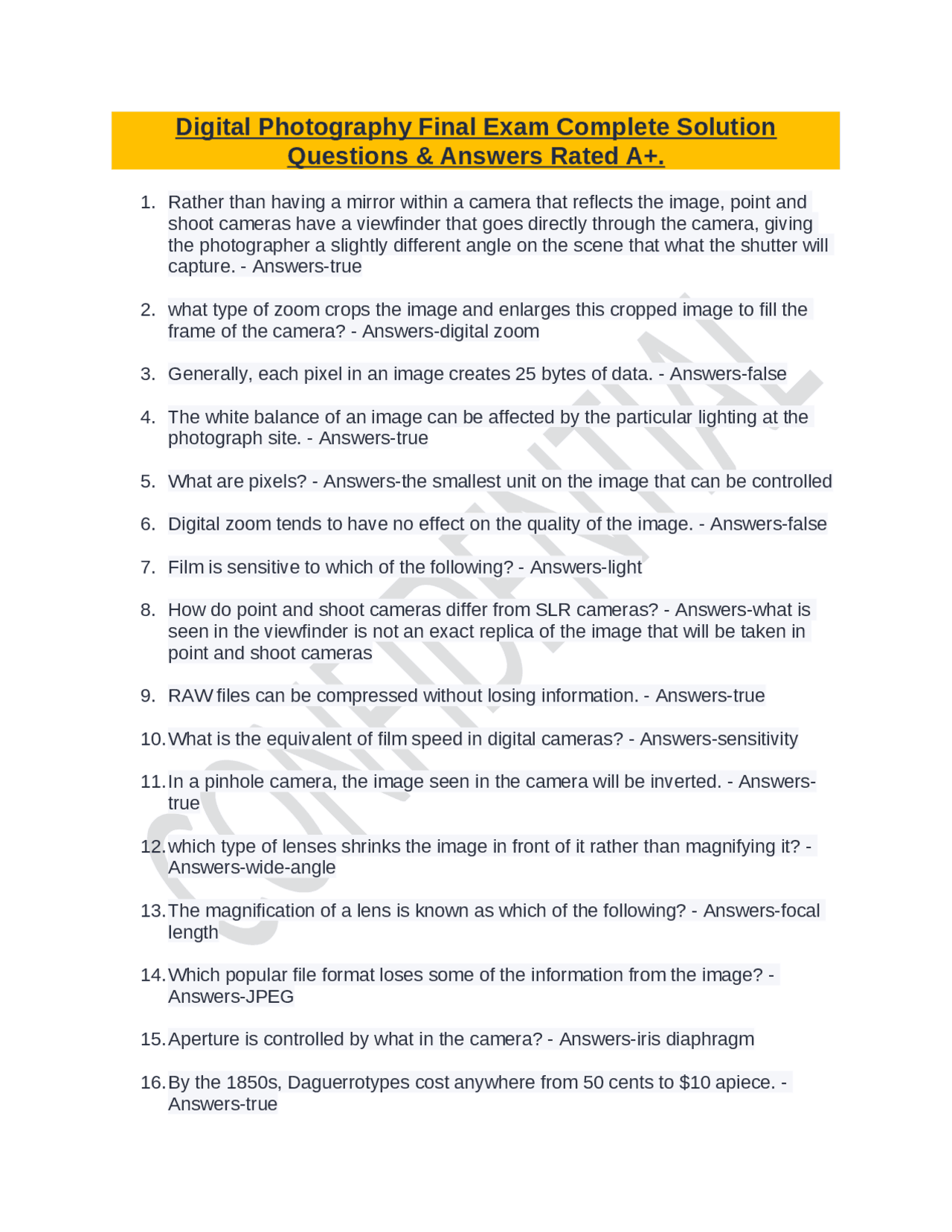 Digital Photography Final Exam Complete Solution Questions & Answers ...