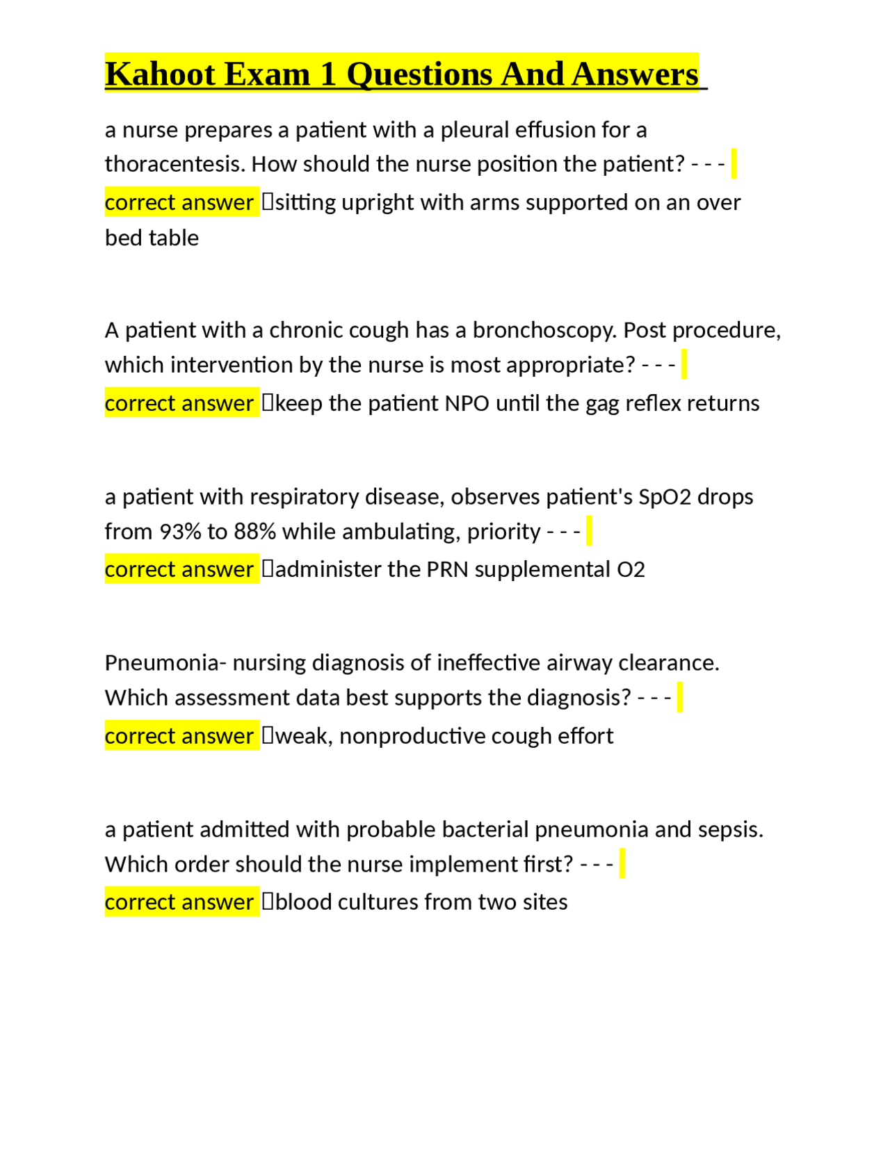 Kahoot Exam 1 Questions And Answers | Exams Nursing | Docsity