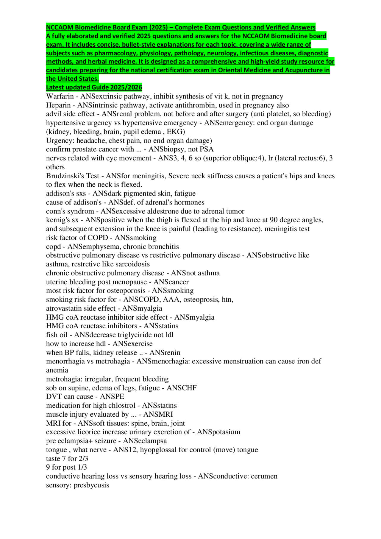 NCCAOM Biomedicine Board Exam (2025) – Complete Exam Questions and ...